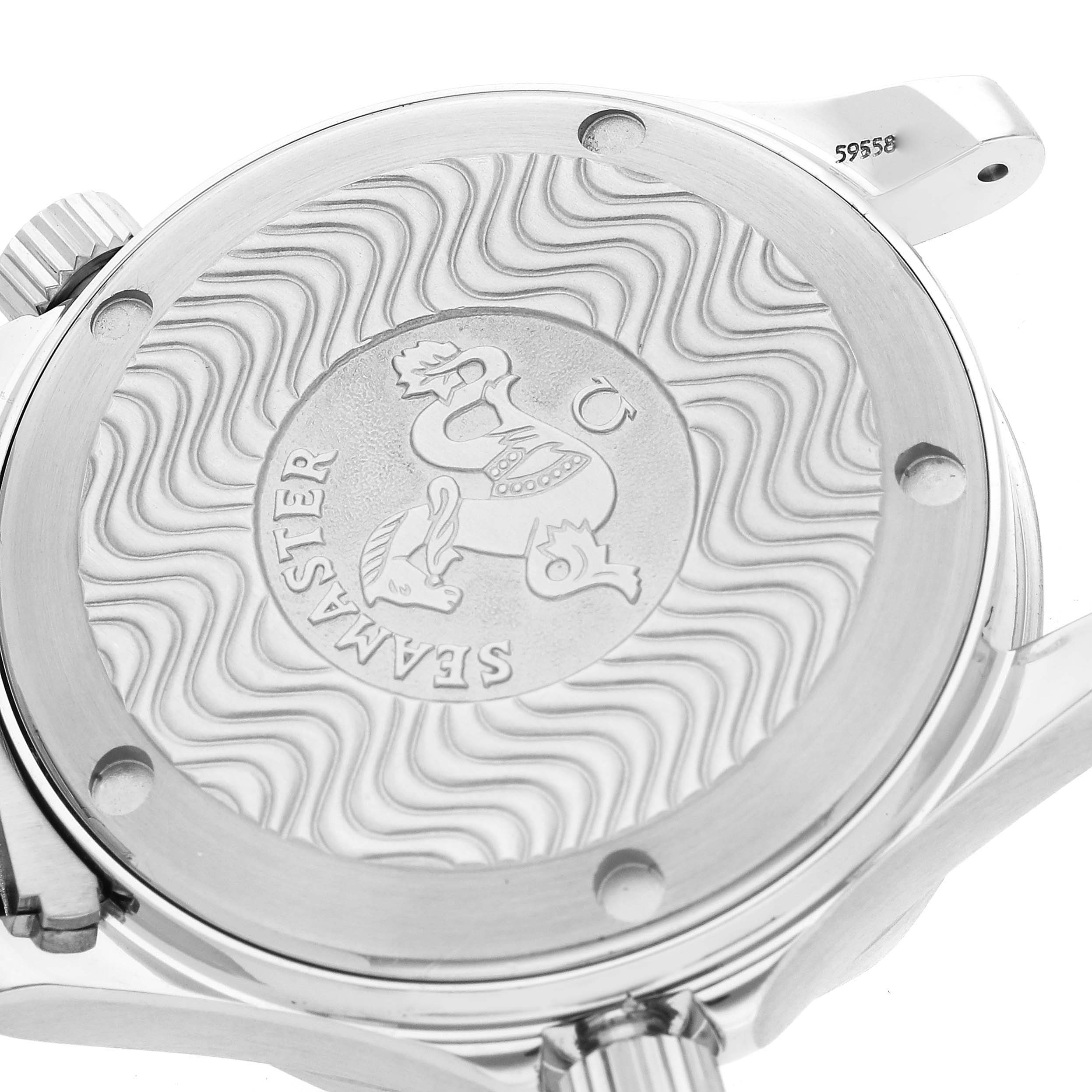 The image shows the case back of the Omega Seamaster 2263.80.00 Men
s Stainless Steel Blue Dial 2263.80.00 Men
s Stainless Steel Blue Dial watch, displaying the engraved emblem and wave pattern.