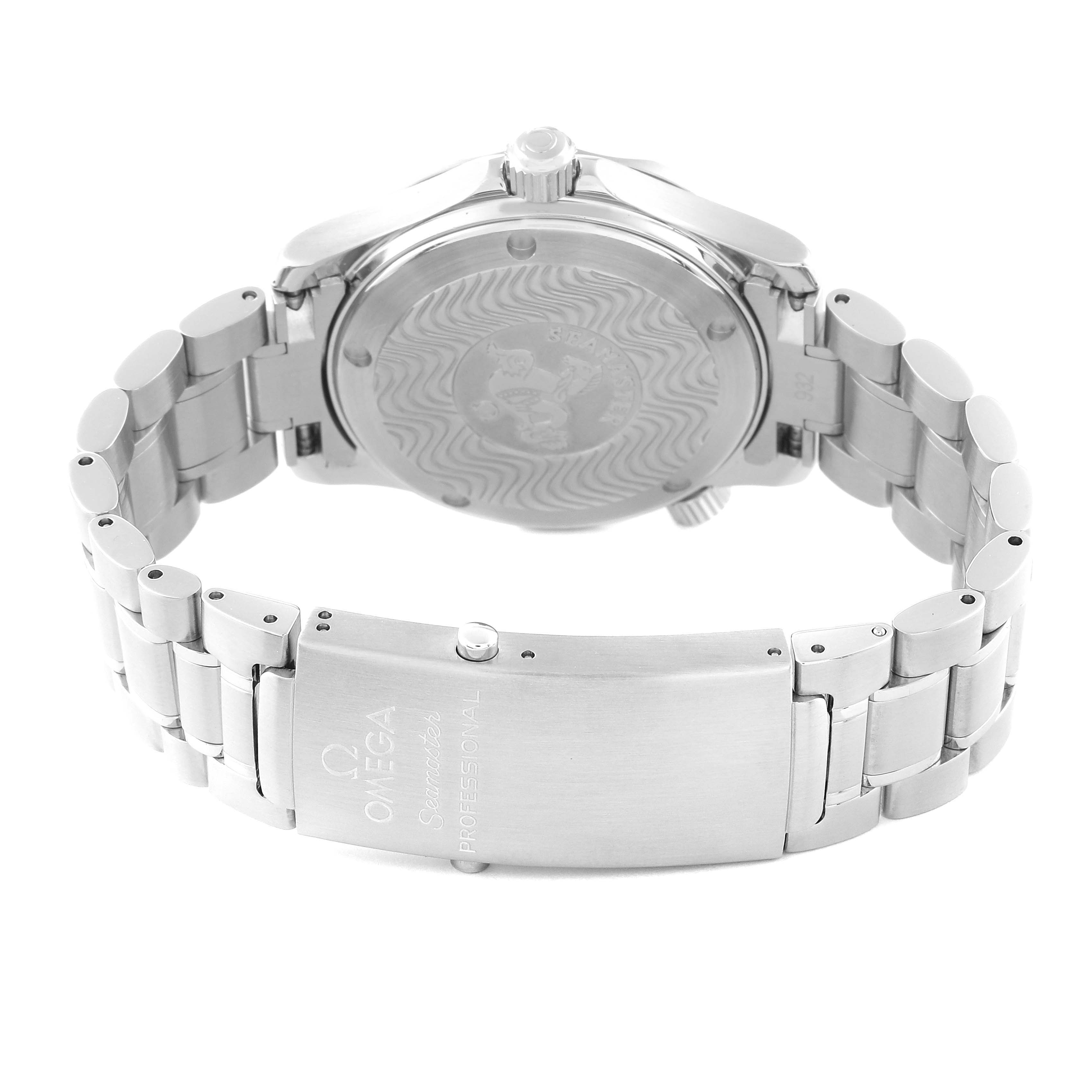 The image shows the back case and clasp of an Omega Seamaster 2263.80.00 Men
s Stainless Steel Blue Dial 2263.80.00 Men
s Stainless Steel Blue Dial watch, highlighting its bracelet and case back engravings.