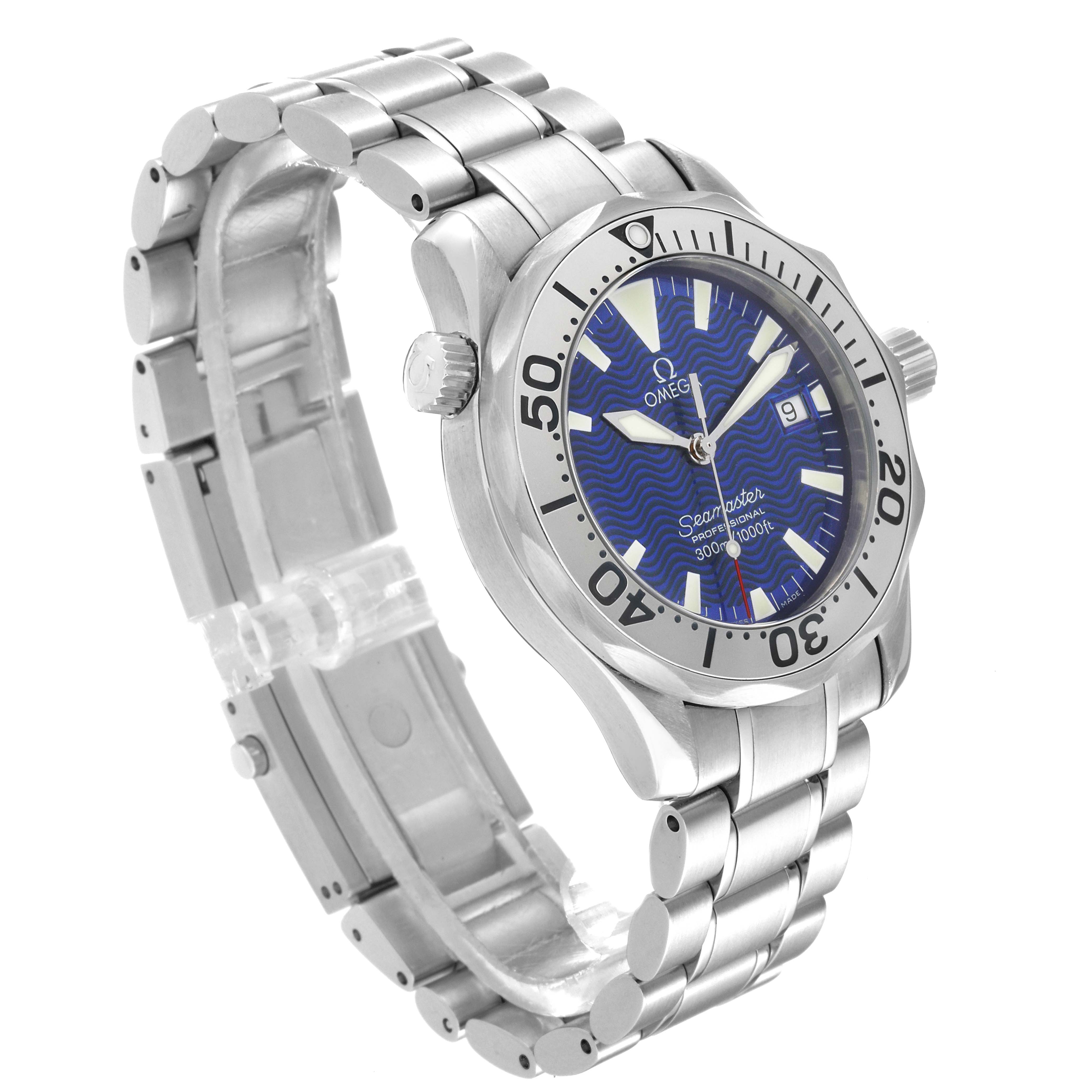 The image shows an Omega Seamaster 2263.80.00 Men
s Stainless Steel Blue Dial 2263.80.00 Men
s Stainless Steel Blue Dial watch at a three-quarter angle, highlighting its face, bezel, crown, and metallic bracelet.