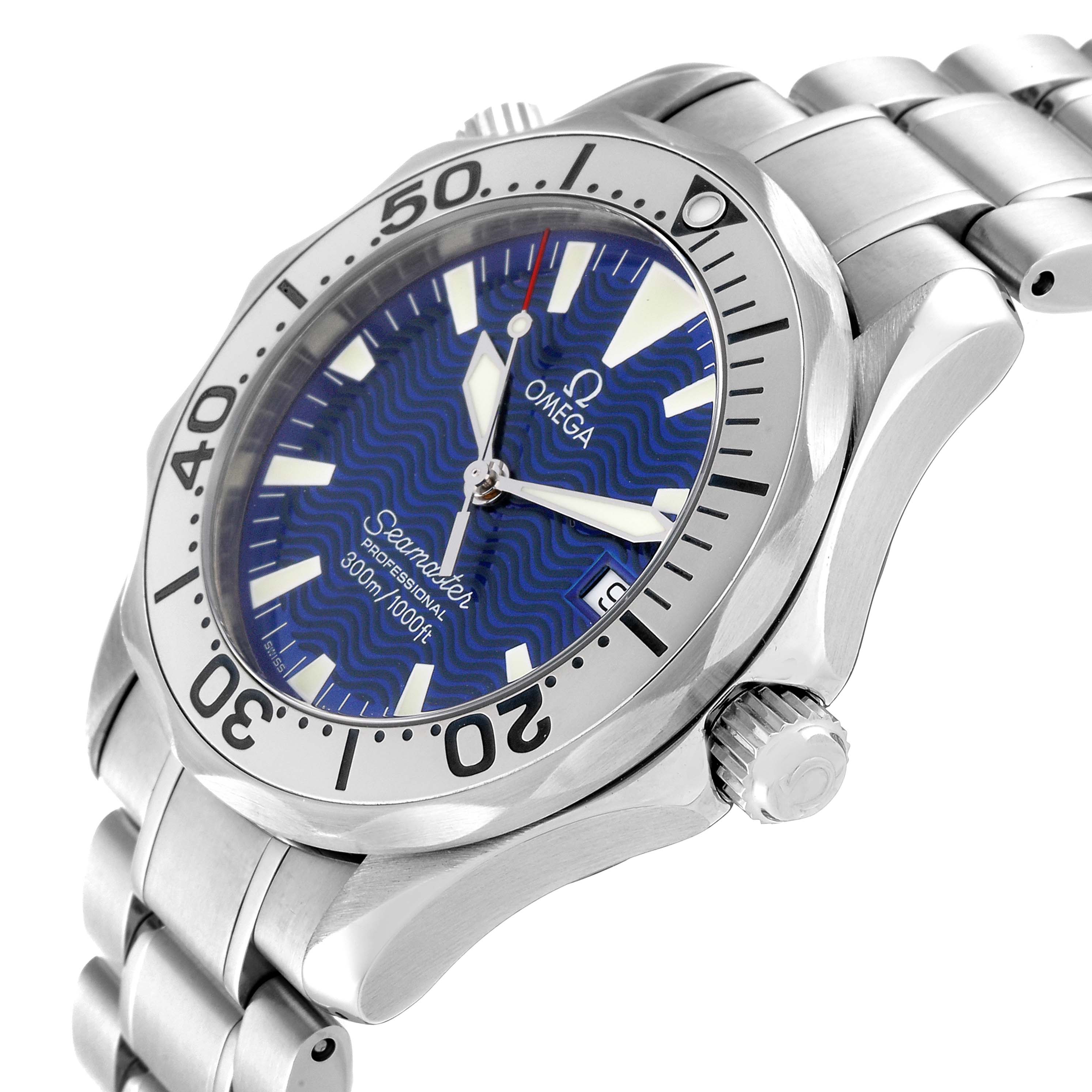 The image shows an Omega Seamaster 2263.80.00 Men
s Stainless Steel Blue Dial 2263.80.00 Men
s Stainless Steel Blue Dial watch at a slight side angle, highlighting the face, bezel, and part of the stainless steel bracelet.