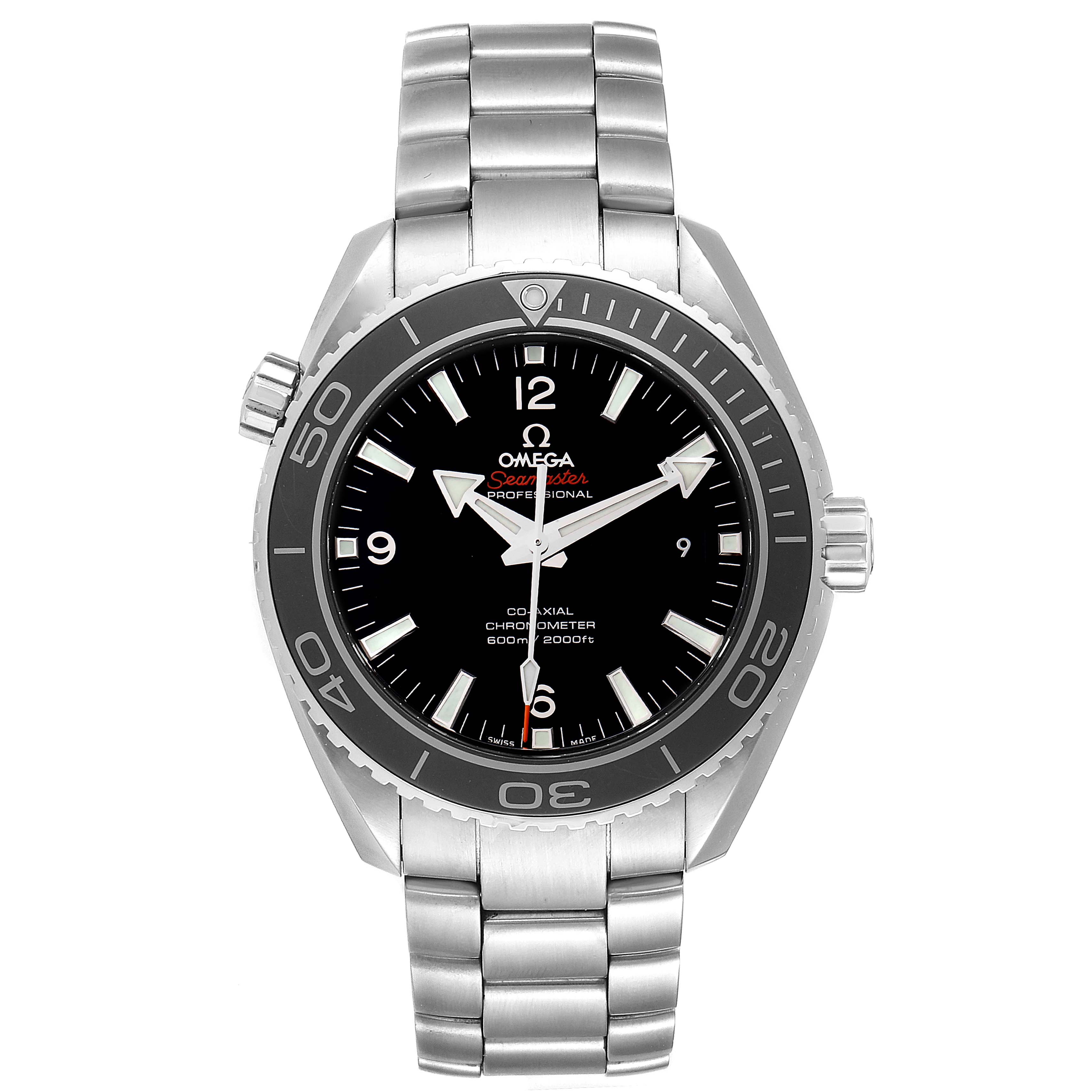The image shows a front view of the Omega Seamaster 232.30.46.21.01.001 Men
s Stainless Steel Black Dial 232.30.46.21.01.001 Men
s Stainless Steel Black Dial watch, highlighting its bezel, dial, and stainless steel bracelet.