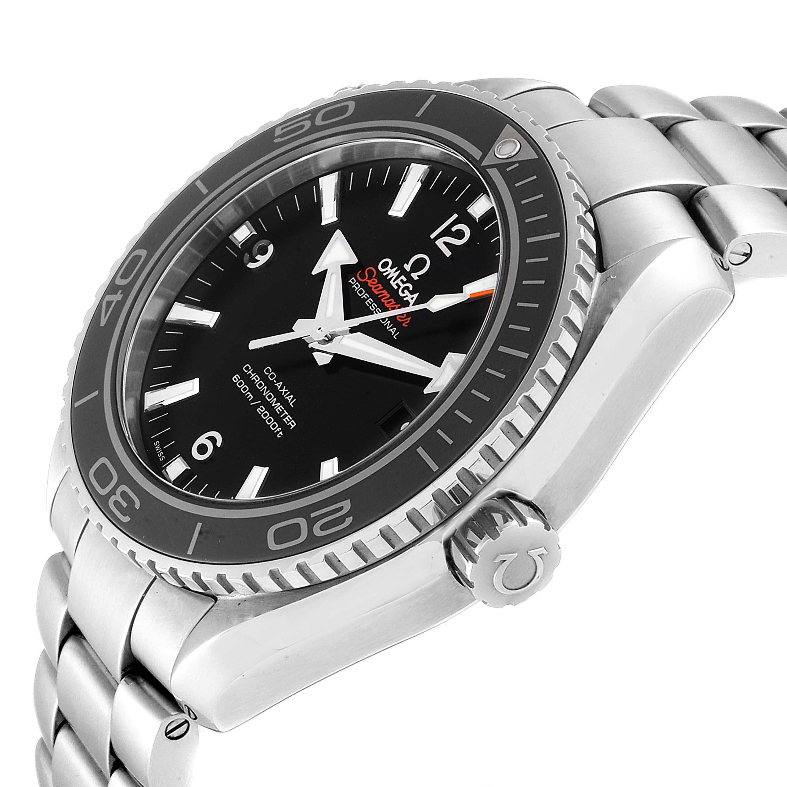 The image shows a side angle of an Omega Seamaster 232.30.46.21.01.001 Men
s Stainless Steel Black Dial 232.30.46.21.01.001 Men
s Stainless Steel Black Dial watch, highlighting the bezel, dial, crown, and part of the bracelet.