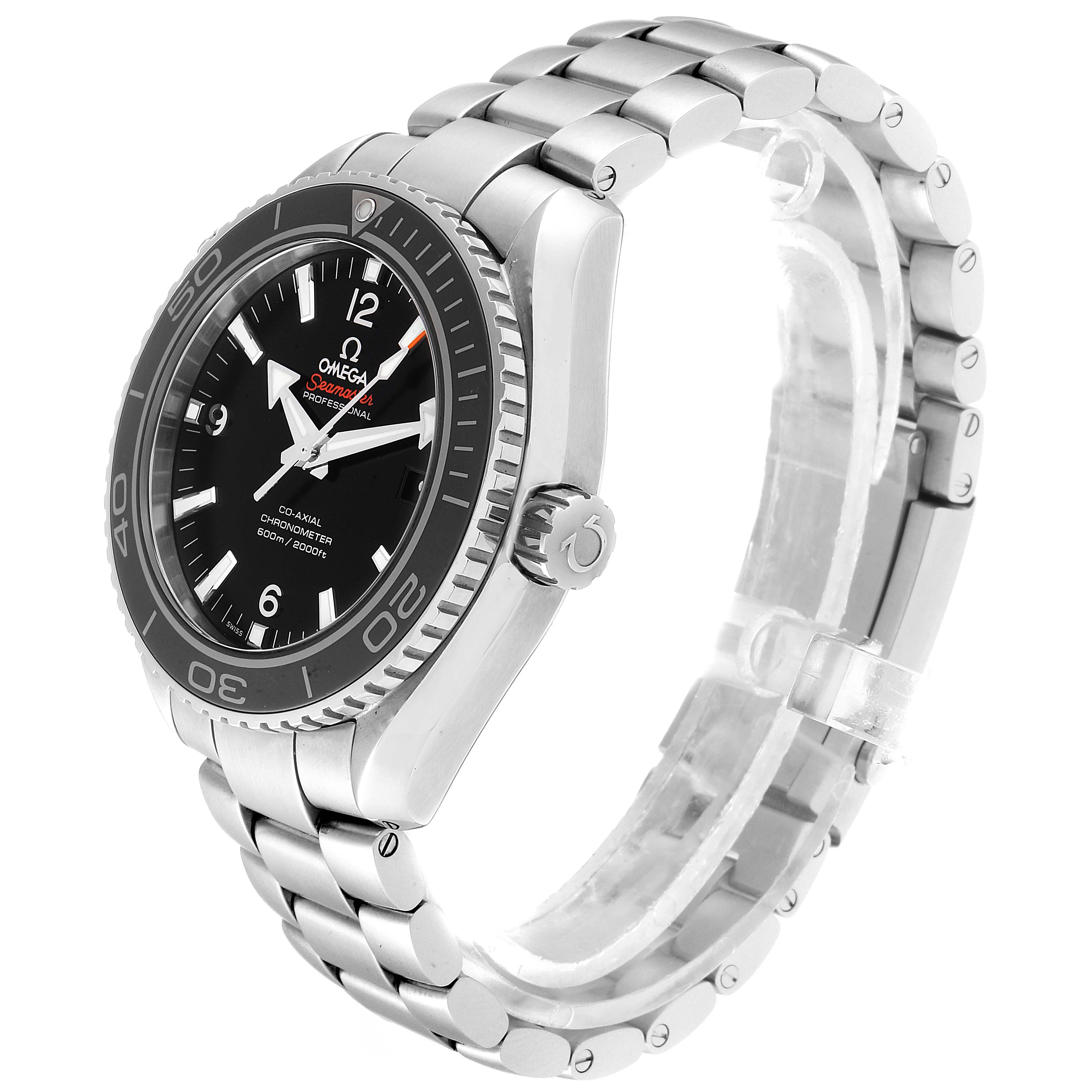 The image shows a side angle of the Omega Seamaster 232.30.46.21.01.001 Men
s Stainless Steel Black Dial 232.30.46.21.01.001 Men
s Stainless Steel Black Dial watch, highlighting the bracelet, bezel, crown, and dial.