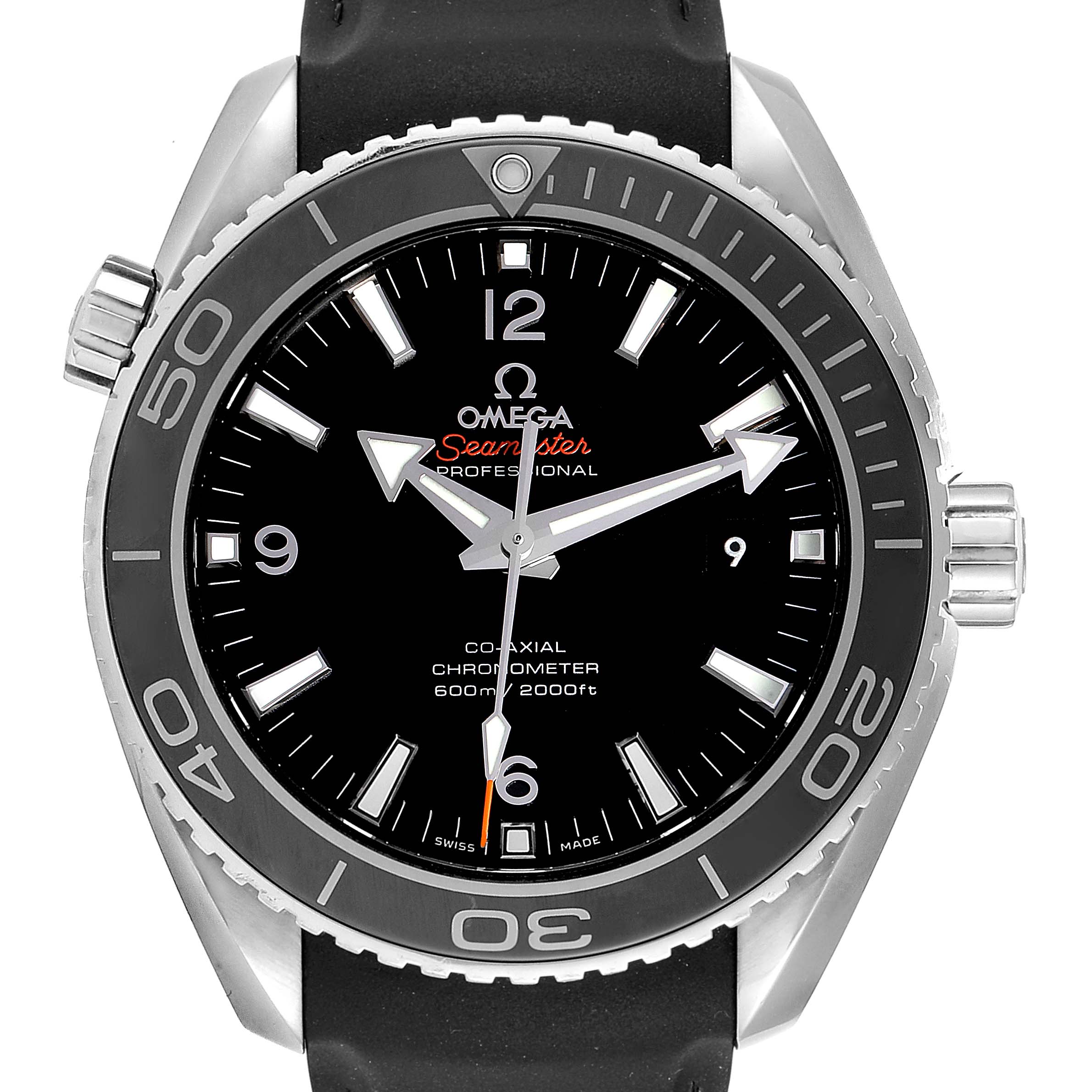 The image shows the front view of an Omega Planet Ocean 232.32.46.21.01.003 Men
s Stainless Steel Black Dial 232.32.46.21.01.003 Men
s Stainless Steel Black Dial model watch, displaying the face, bezel, and part of the strap.