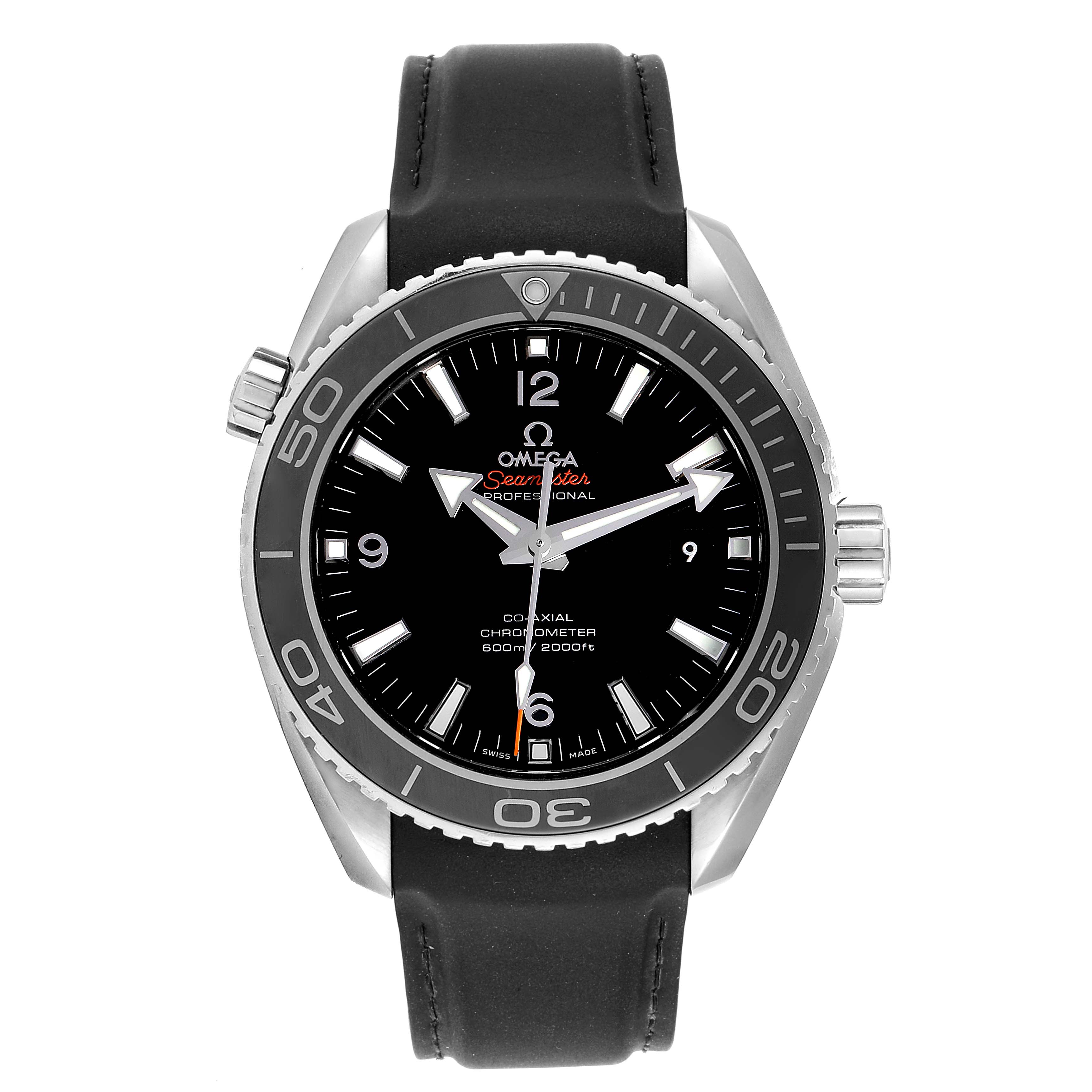 The image shows a front view of the Omega Planet Ocean 232.32.46.21.01.003 Men
s Stainless Steel Black Dial 232.32.46.21.01.003 Men
s Stainless Steel Black Dial watch, highlighting its black dial, bezel, and rubber strap.