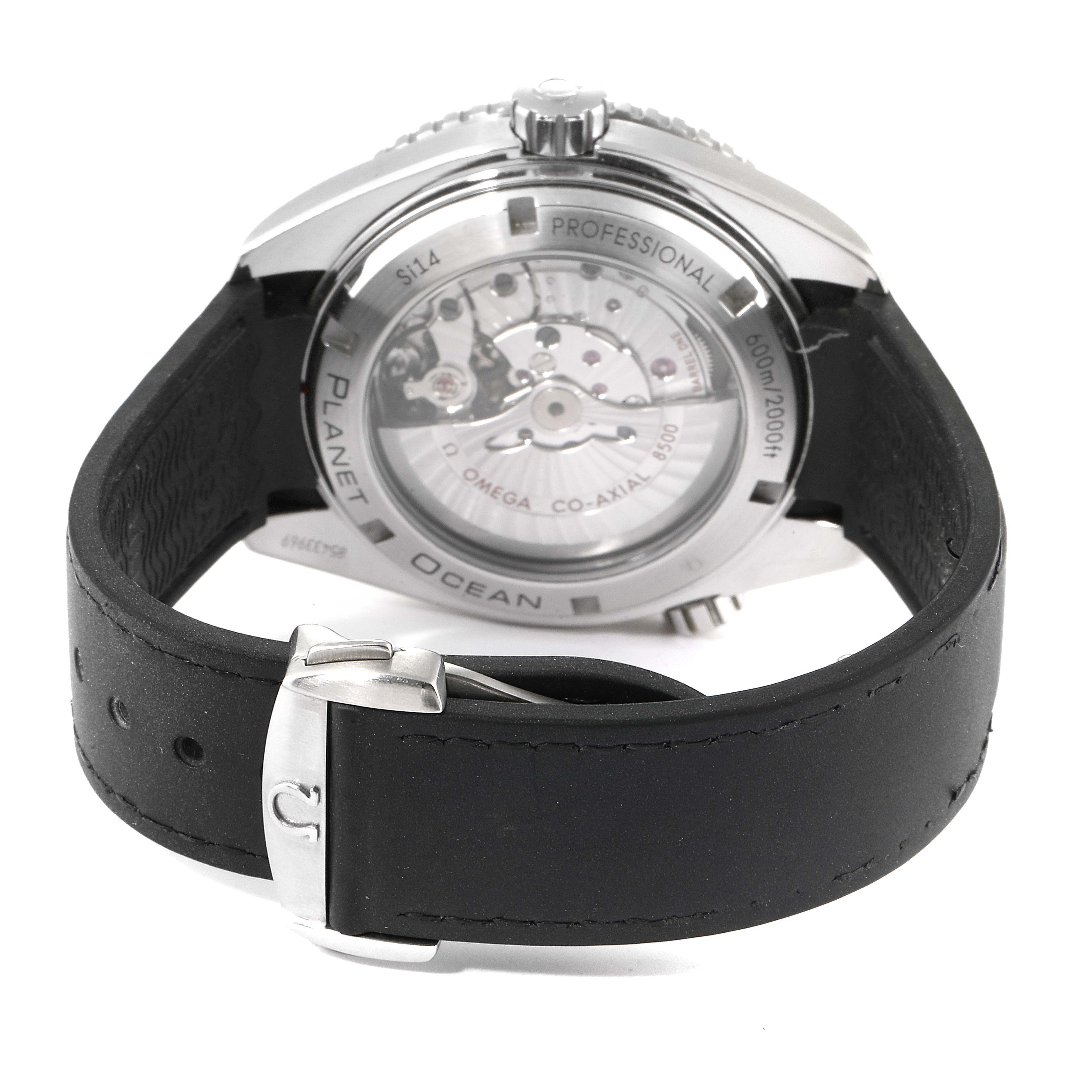 This image shows the back view of the Omega Planet Ocean 232.32.46.21.01.003 Men
s Stainless Steel Black Dial 232.32.46.21.01.003 Men
s Stainless Steel Black Dial watch, highlighting the transparent case back and visible internal mechanism.