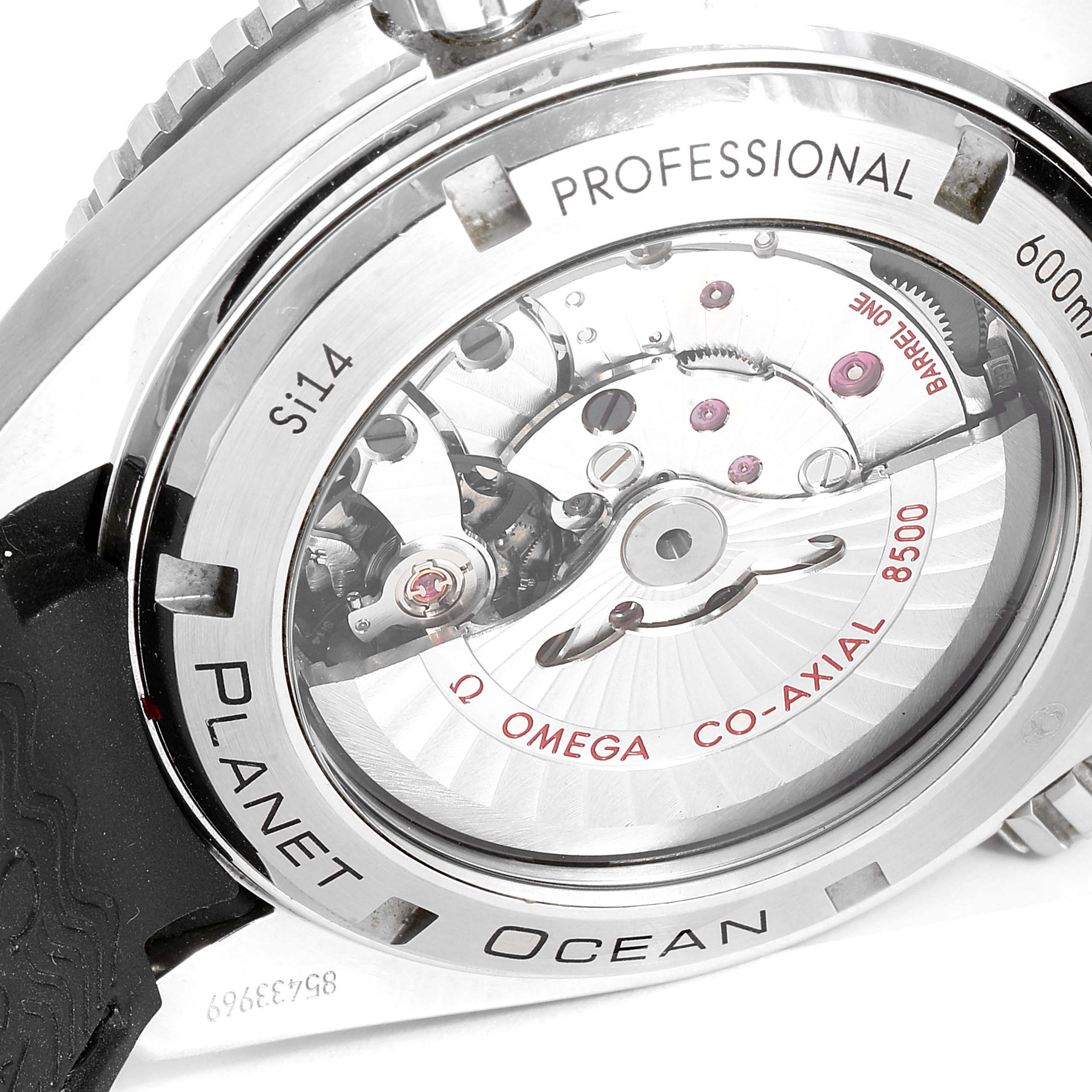 This image shows the back of the Omega Planet Ocean 232.32.46.21.01.003 Men
s Stainless Steel Black Dial 232.32.46.21.01.003 Men
s Stainless Steel Black Dial watch, displaying the movement and inscriptions on the case back.
