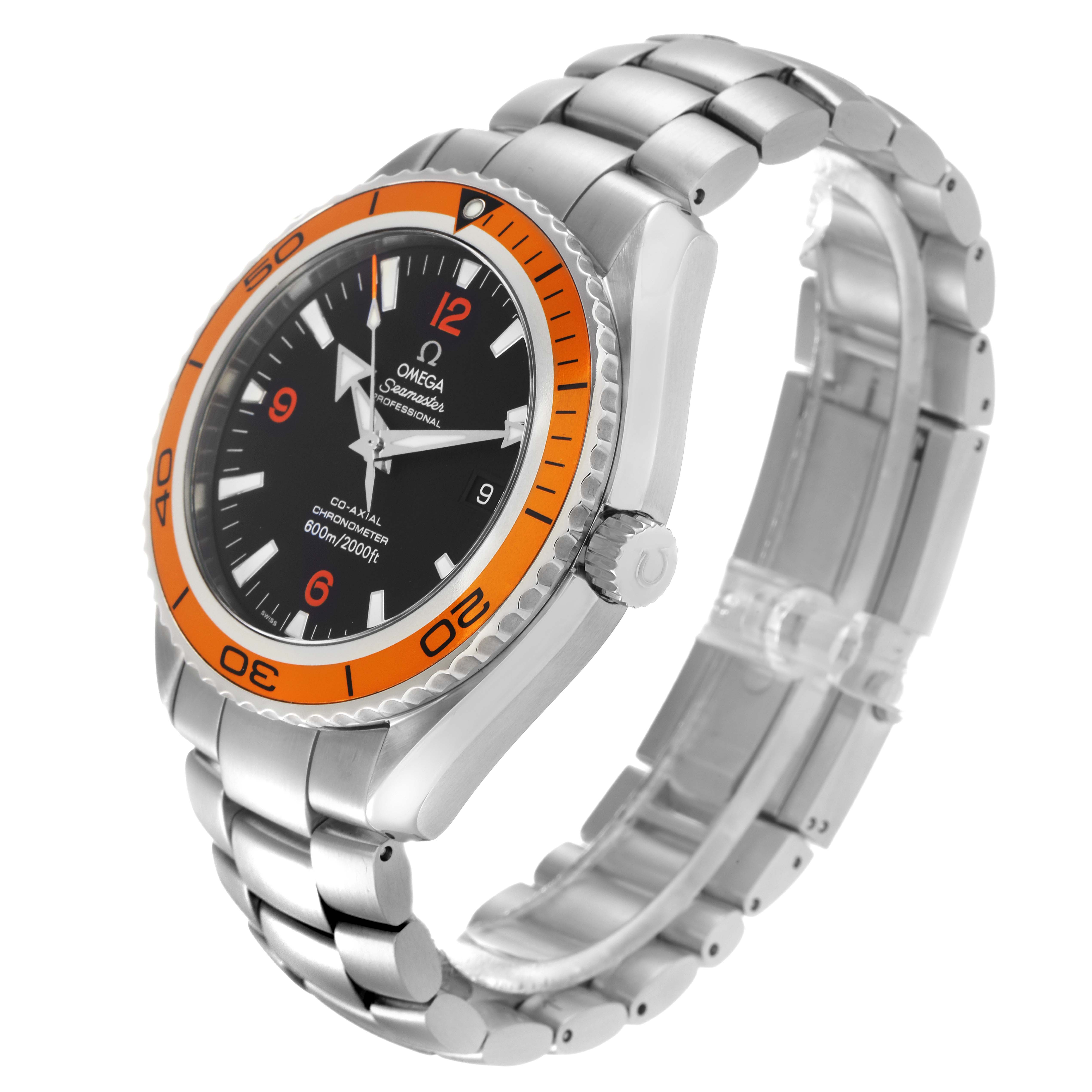 The Omega Planet Ocean 2208.50.00 Men's Stainless Steel Black Dial 2208.50.00 Men's Stainless Steel Black Dial watch is shown at a side angle, highlighting the case, dial, crown, bezel, and bracelet.