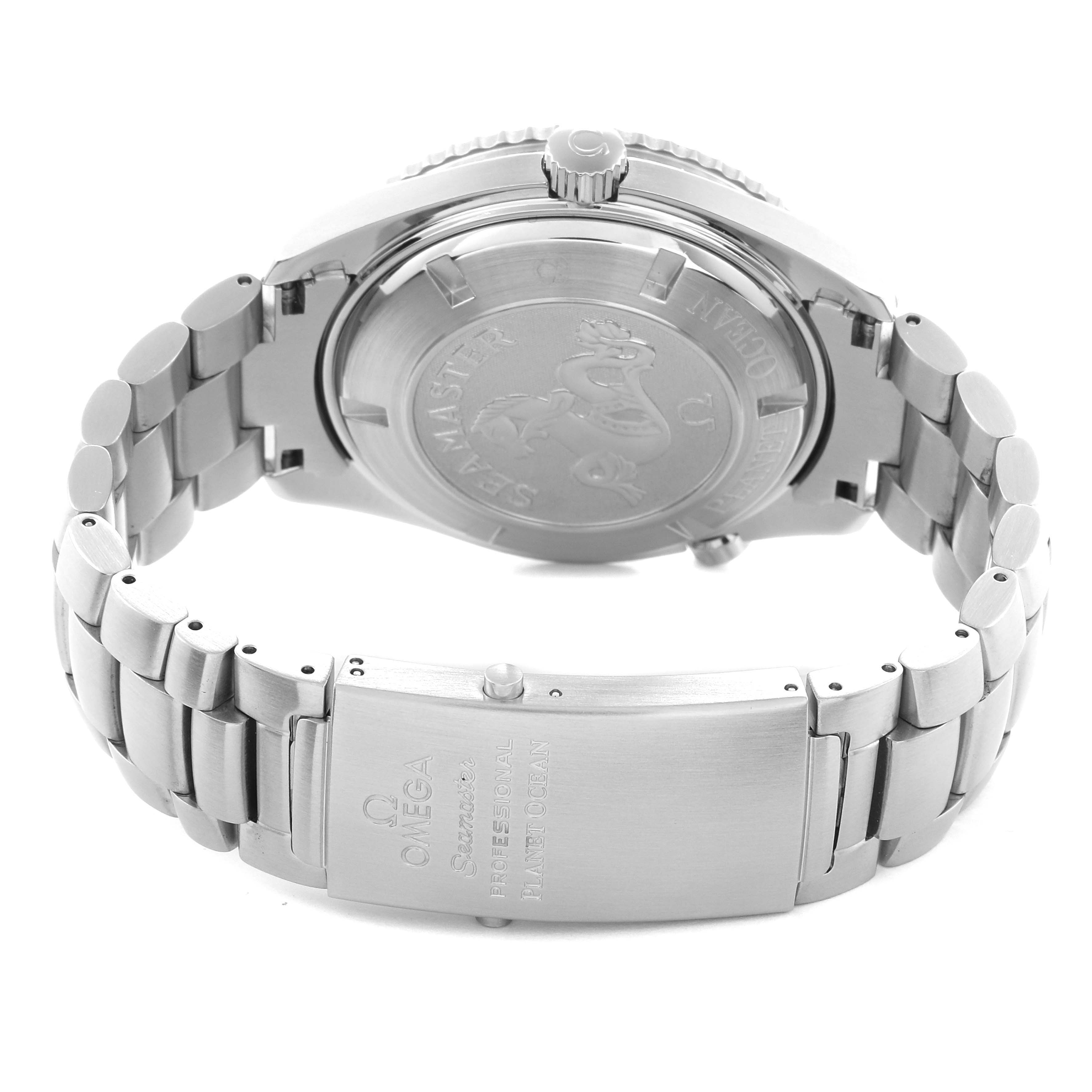 The Omega Planet Ocean 2208.50.00 Men's Stainless Steel Black Dial 2208.50.00 Men's Stainless Steel Black Dial watch is shown from the back, featuring the case back, crown, and metal bracelet with the clasp visible.