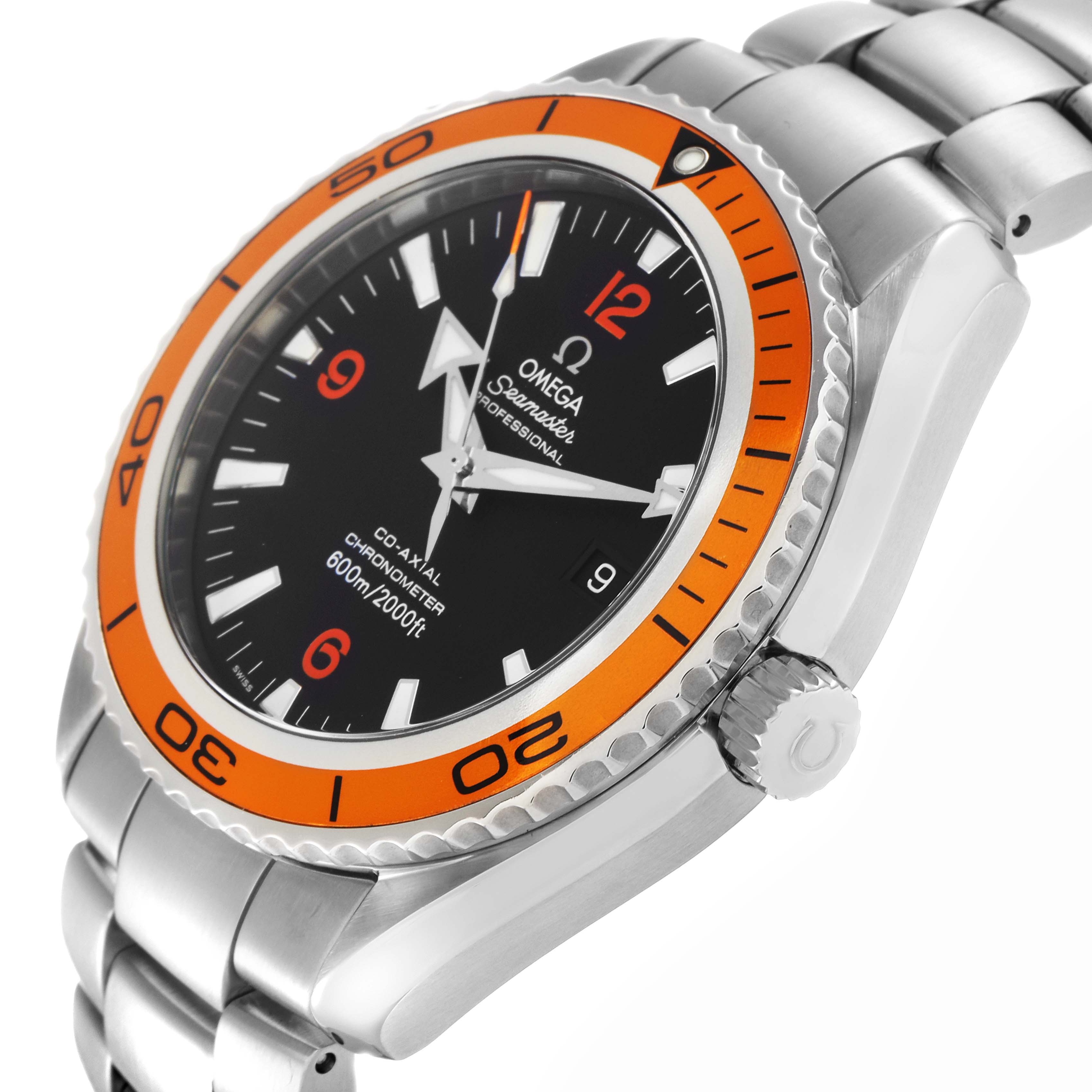 The Omega Planet Ocean 2208.50.00 Men's Stainless Steel Black Dial 2208.50.00 Men's Stainless Steel Black Dial watch is shown at an angle highlighting the face, bezel, crown, and bracelet.