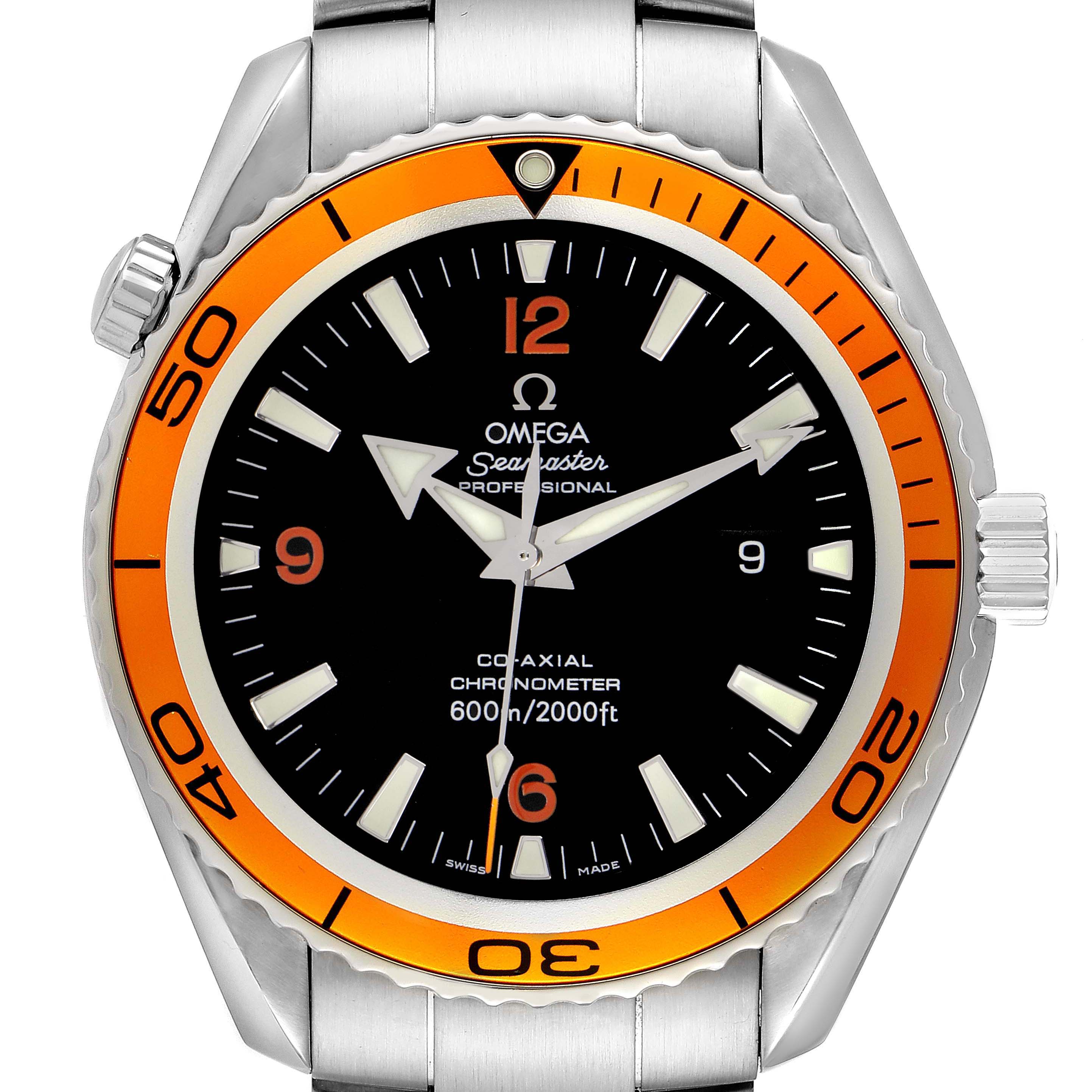 The Omega Planet Ocean 2208.50.00 Men's Stainless Steel Black Dial 2208.50.00 Men's Stainless Steel Black Dial model is shown from the front, highlighting the dial, bezel, and part of the bracelet.