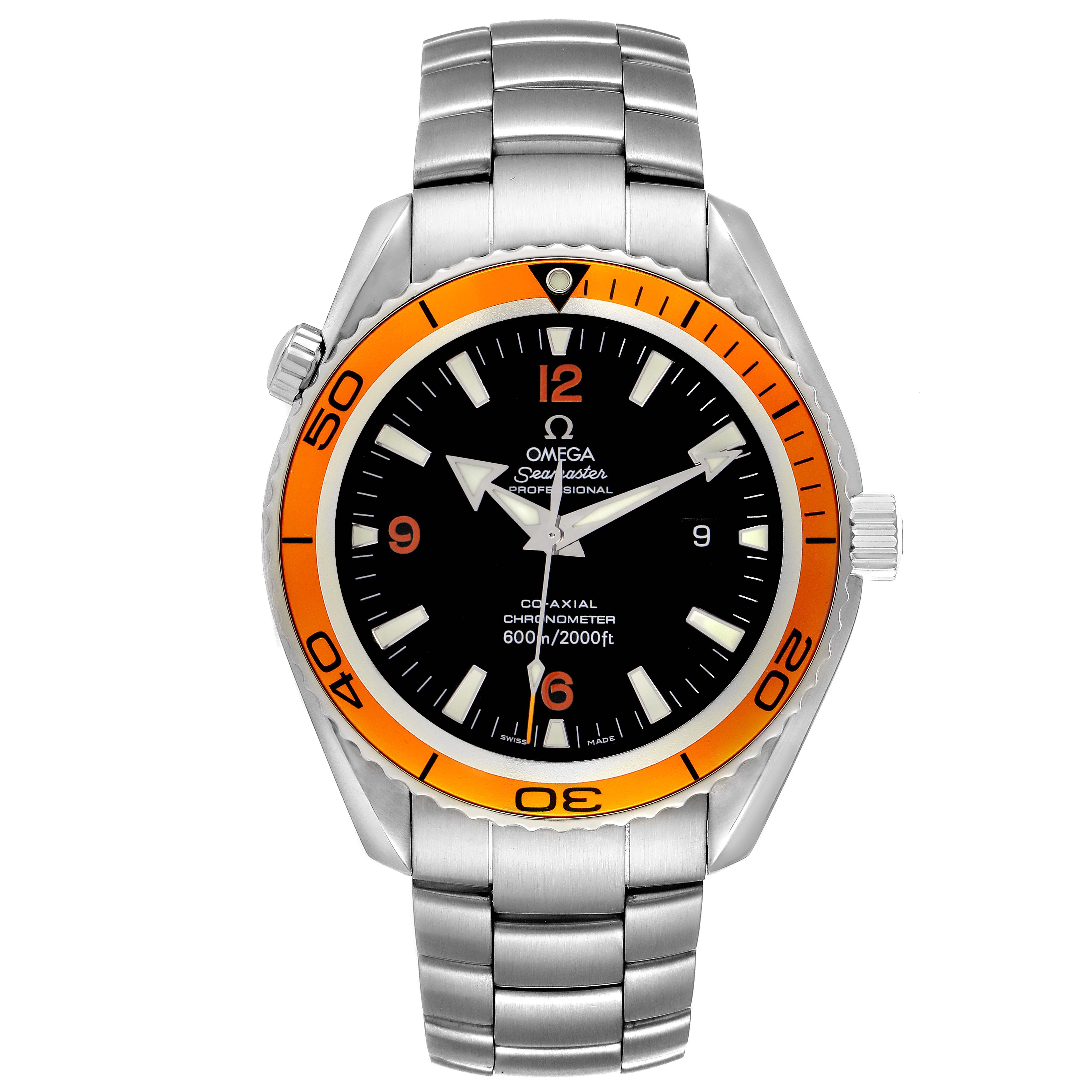 The image shows a front view of the Omega Planet Ocean 2208.50.00 Men's Stainless Steel Black Dial 2208.50.00 Men's Stainless Steel Black Dial watch, highlighting the orange bezel, dial, and bracelet.
