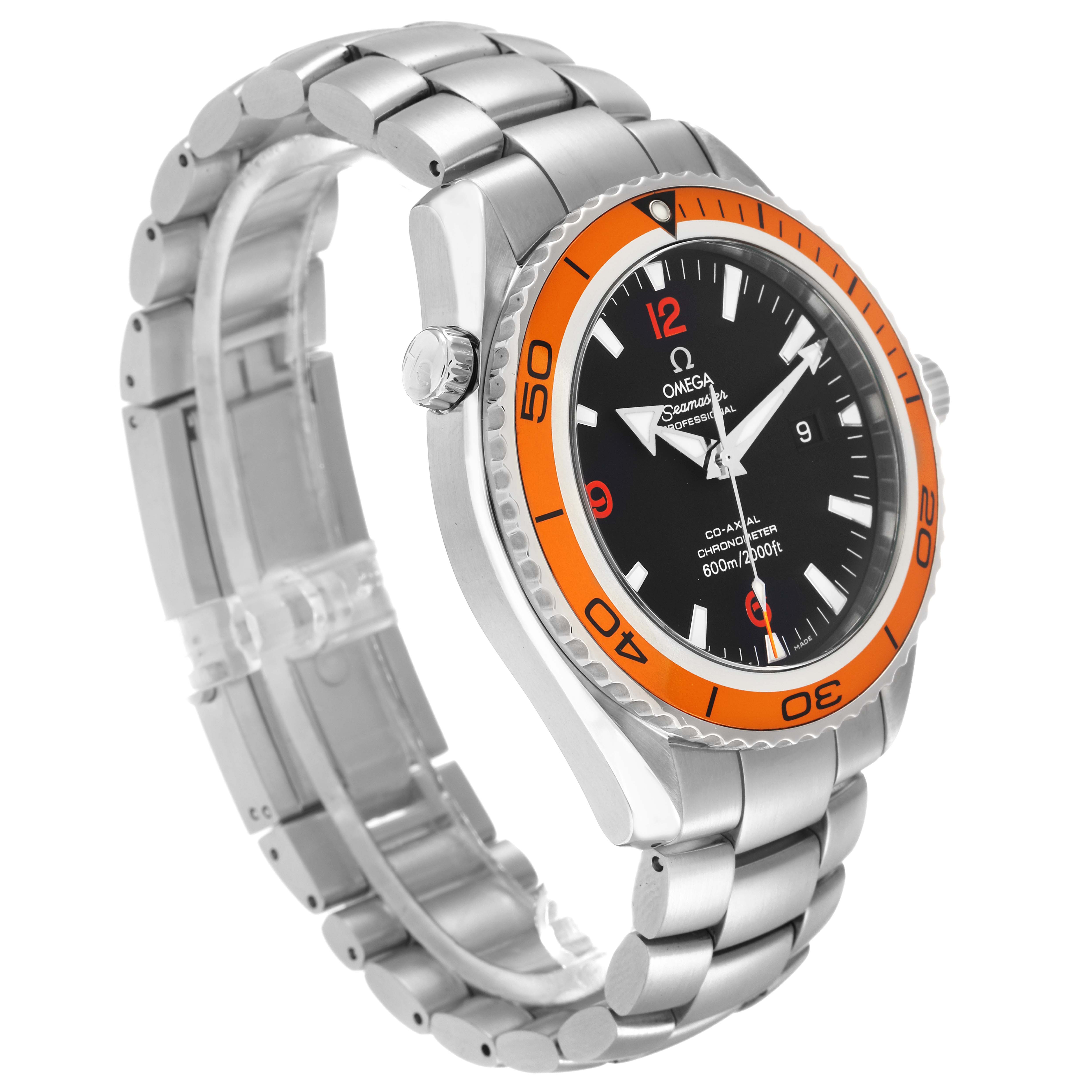 The Omega Planet Ocean 2208.50.00 Men's Stainless Steel Black Dial 2208.50.00 Men's Stainless Steel Black Dial watch is shown at a three-quarter angle, highlighting its orange bezel, black dial, and stainless steel bracelet.