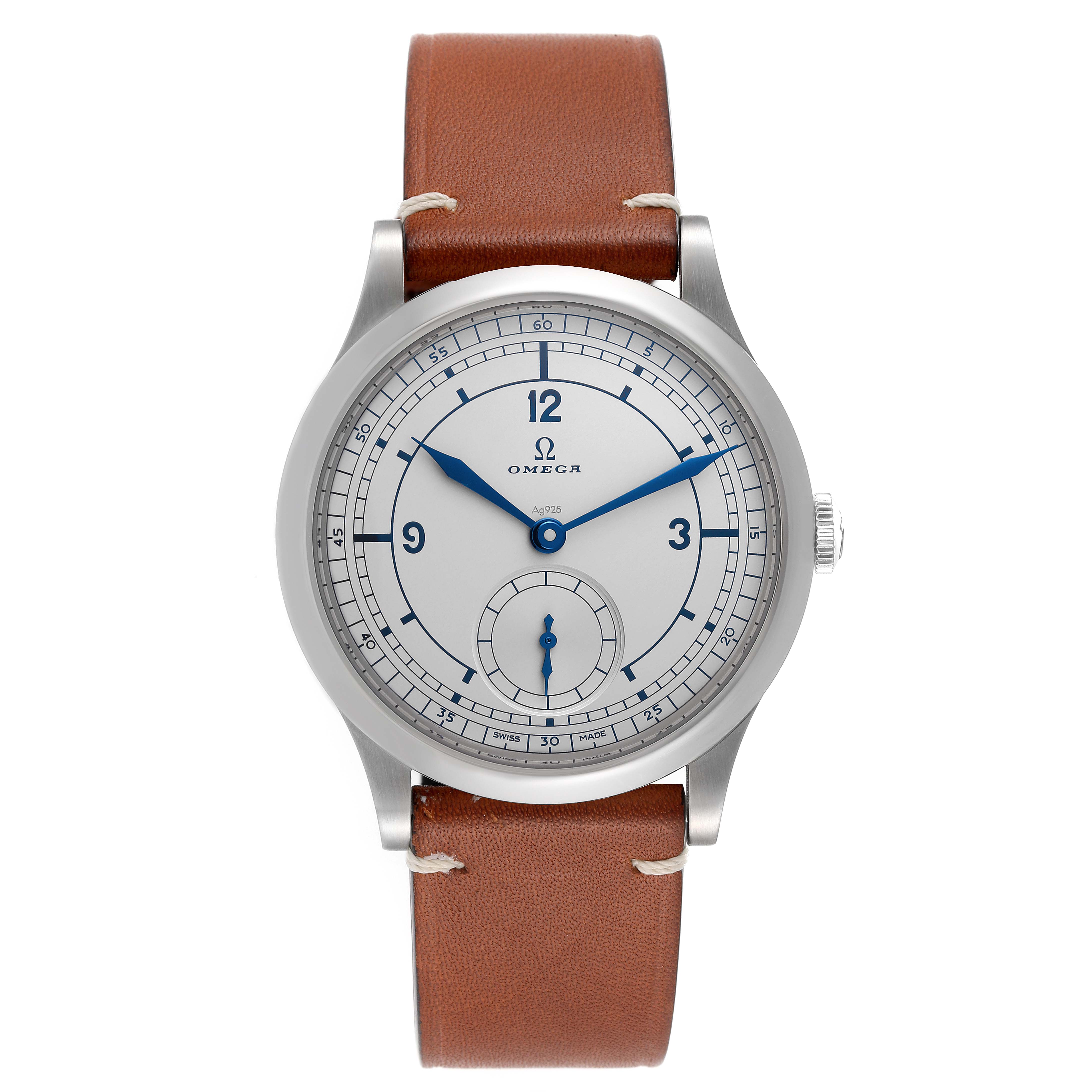 This image shows a front view of an Omega Museum 511.12.39.21.99.002 Men's Stainless Steel Grey Dial 511.12.39.21.99.002 Men's Stainless Steel Grey Dial model watch, featuring a round dial and brown leather strap.