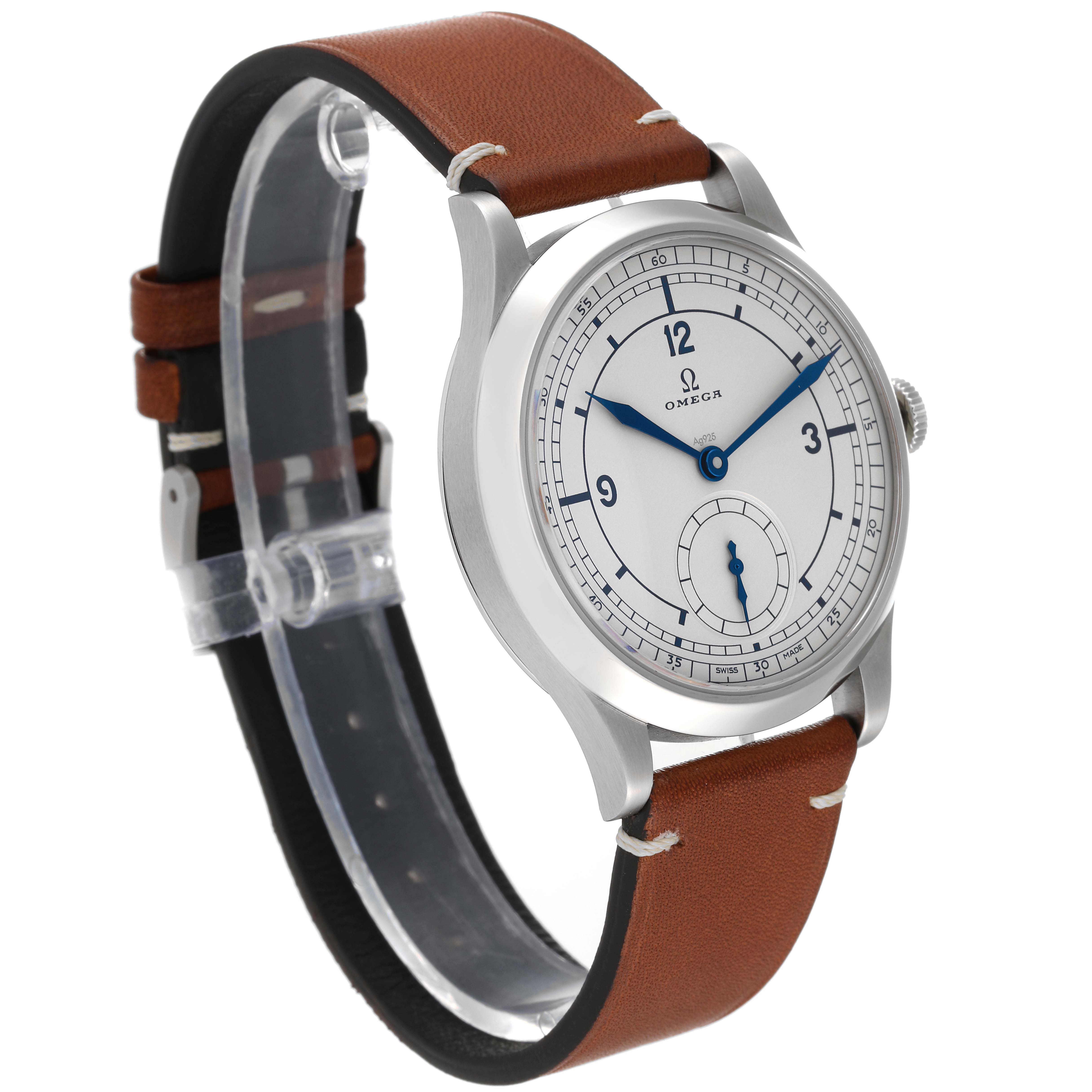 The Omega Museum 511.12.39.21.99.002 Men's Stainless Steel Grey Dial 511.12.39.21.99.002 Men's Stainless Steel Grey Dial model watch is shown at a three-quarter angle, highlighting its dial, case, and brown leather strap.