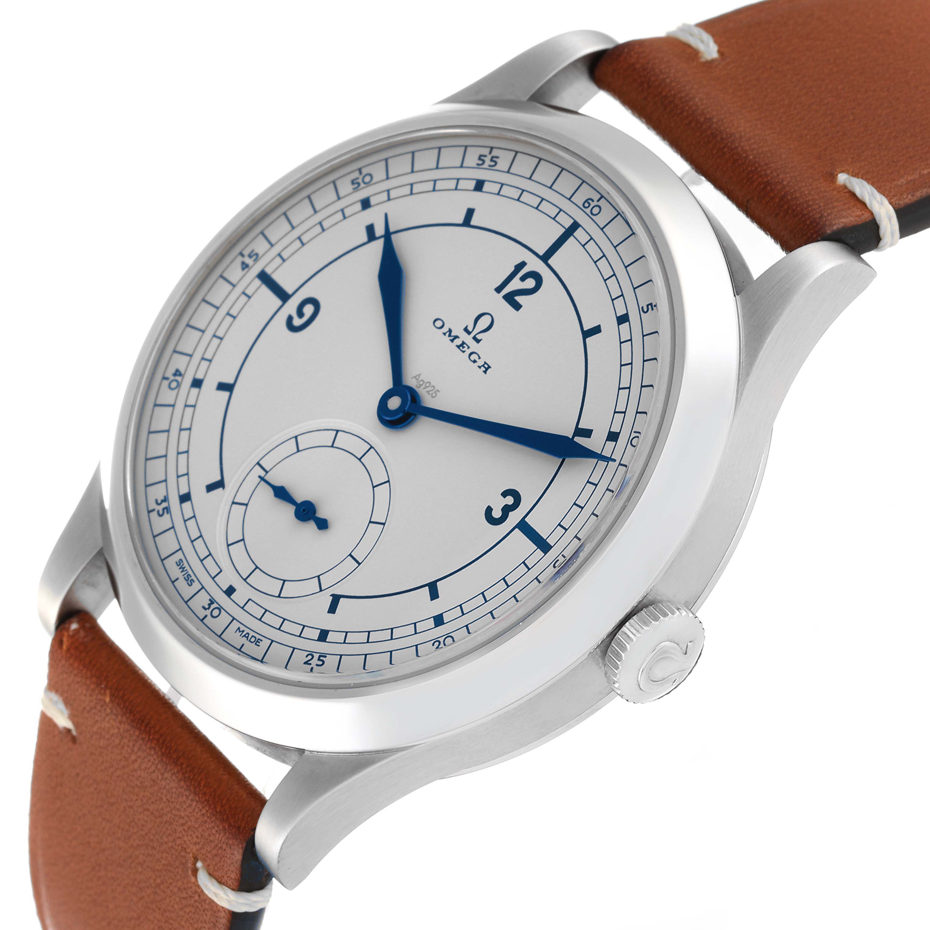 The image shows a Museum model by Omega at a slight side angle, illustrating the face, hands, and brown leather strap.