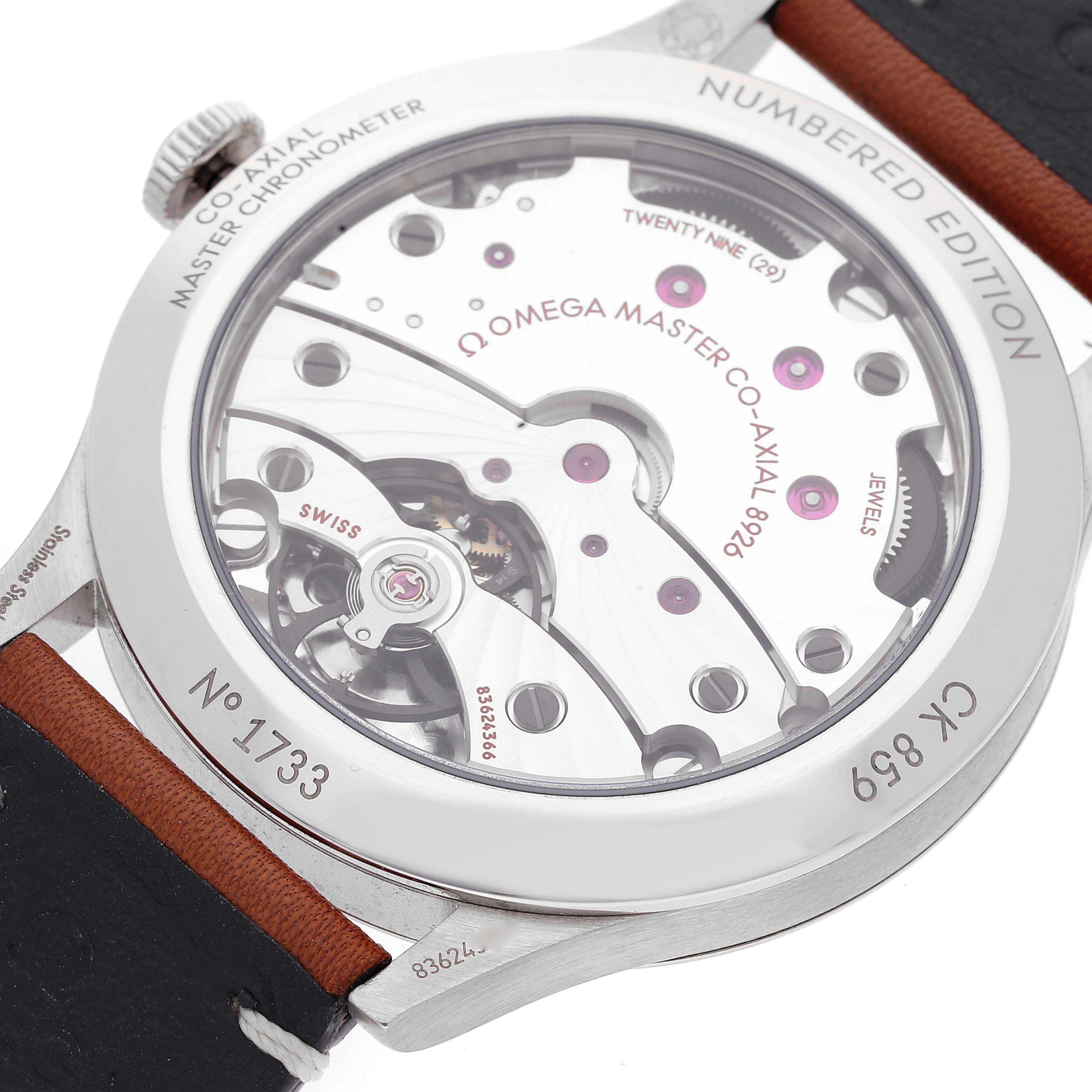 The image shows the back case and movement of an Omega Museum 511.12.39.21.99.002 Men's Stainless Steel Grey Dial 511.12.39.21.99.002 Men's Stainless Steel Grey Dial model watch with visible internal mechanics.