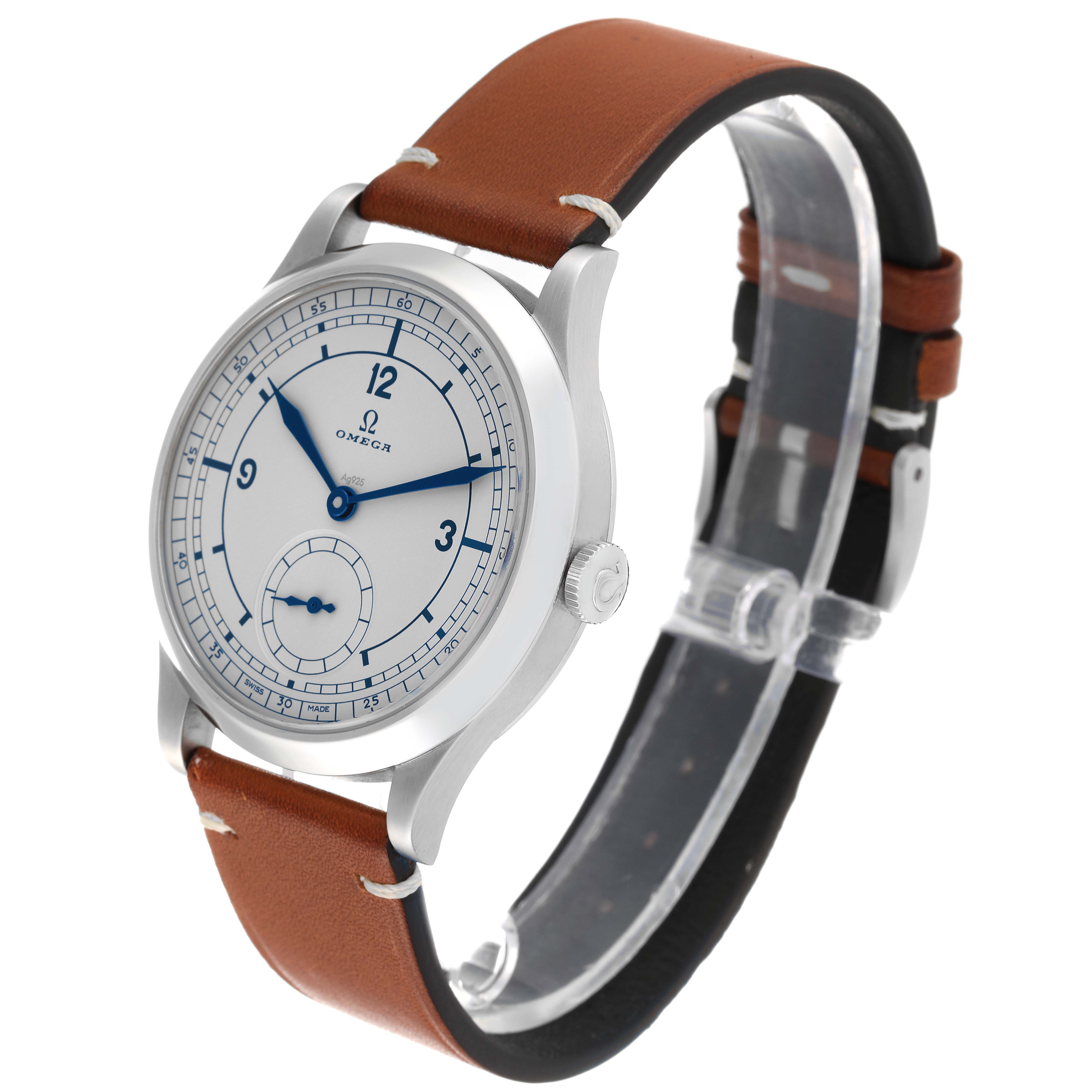 The image shows an angled view of an Omega Museum 511.12.39.21.99.002 Men's Stainless Steel Grey Dial 511.12.39.21.99.002 Men's Stainless Steel Grey Dial model watch with a brown leather strap, clearly displaying the face and side.