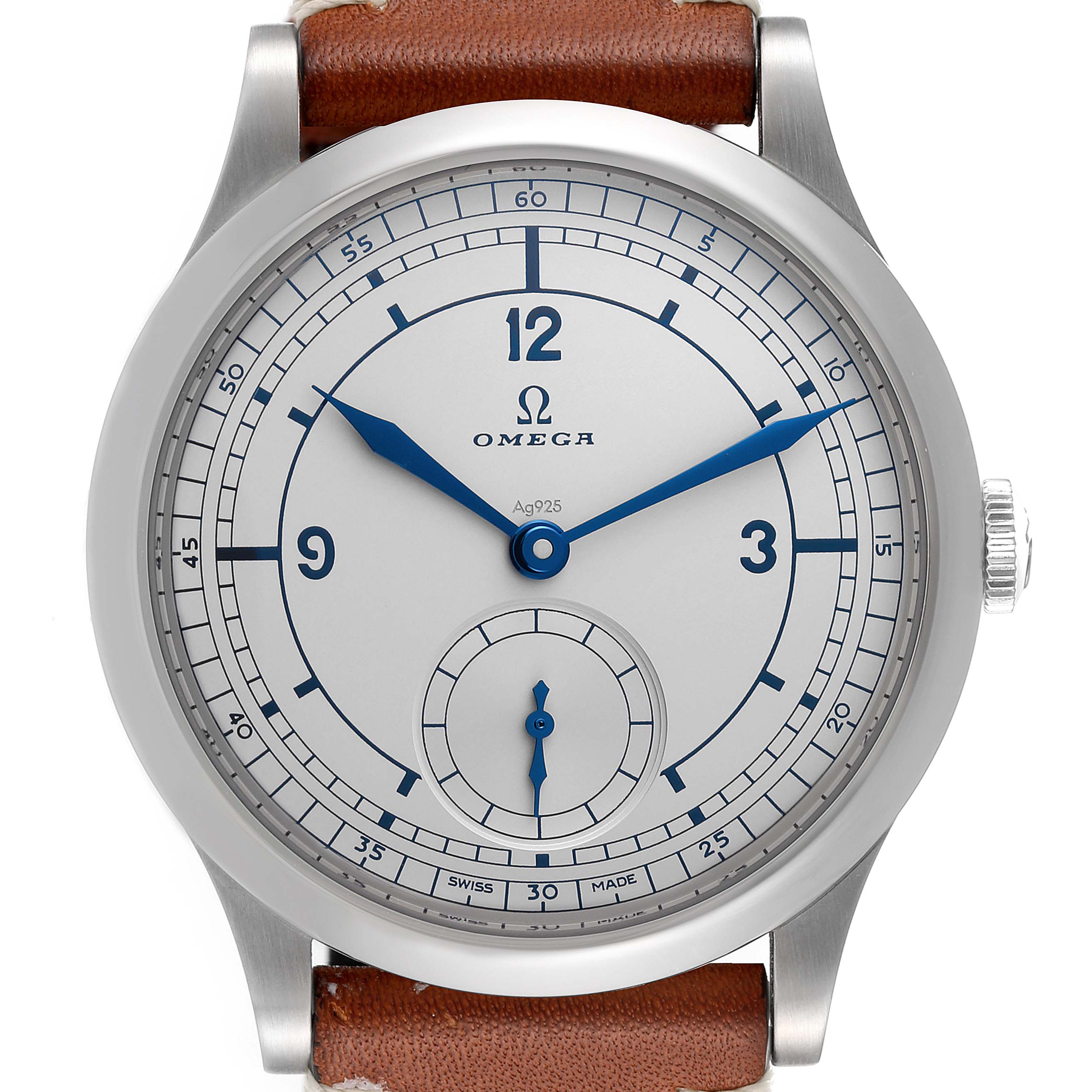 The image shows a front view of an Omega Museum 511.12.39.21.99.002 Men's Stainless Steel Grey Dial 511.12.39.21.99.002 Men's Stainless Steel Grey Dial model watch, highlighting the dial, hands, and part of the leather strap.