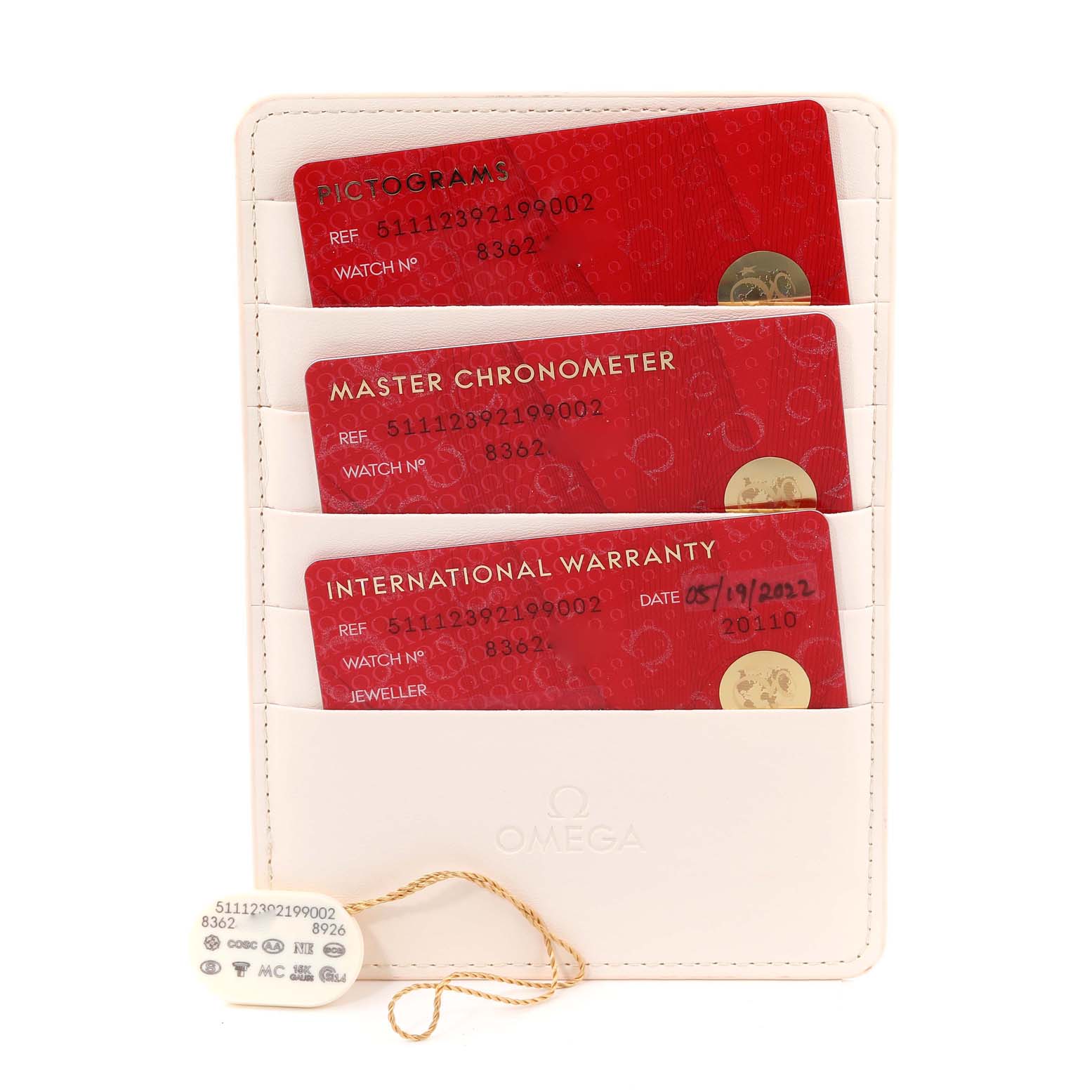 The image shows three cards ("Pictograms," "Master Chronometer," and "International Warranty") for the Omega Museum 511.12.39.21.99.002 Men's Stainless Steel Grey Dial 511.12.39.21.99.002 Men's Stainless Steel Grey Dial model watch.