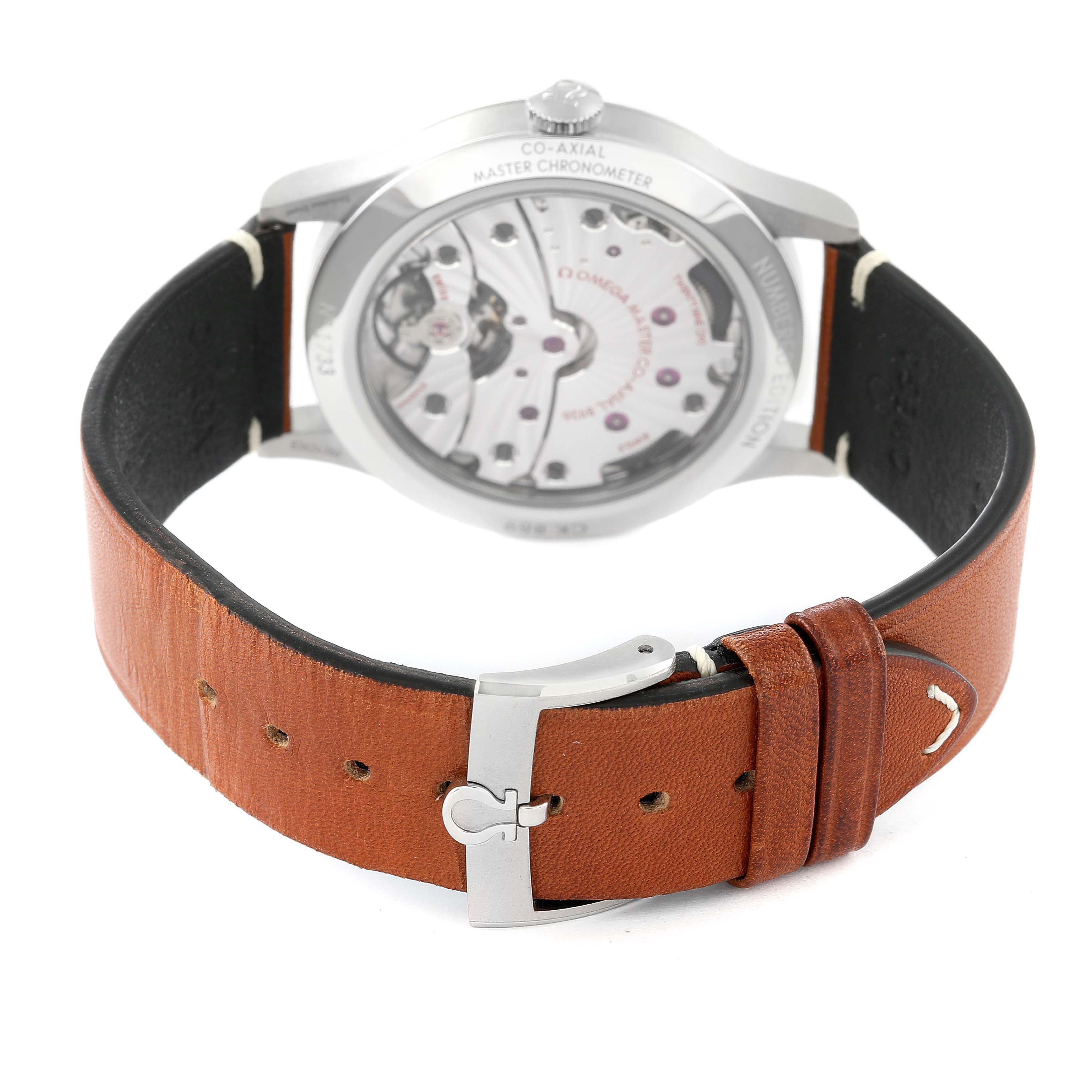 This image shows the back view of the Omega Museum 511.12.39.21.99.002 Men's Stainless Steel Grey Dial 511.12.39.21.99.002 Men's Stainless Steel Grey Dial model watch and its brown leather strap with a buckle.