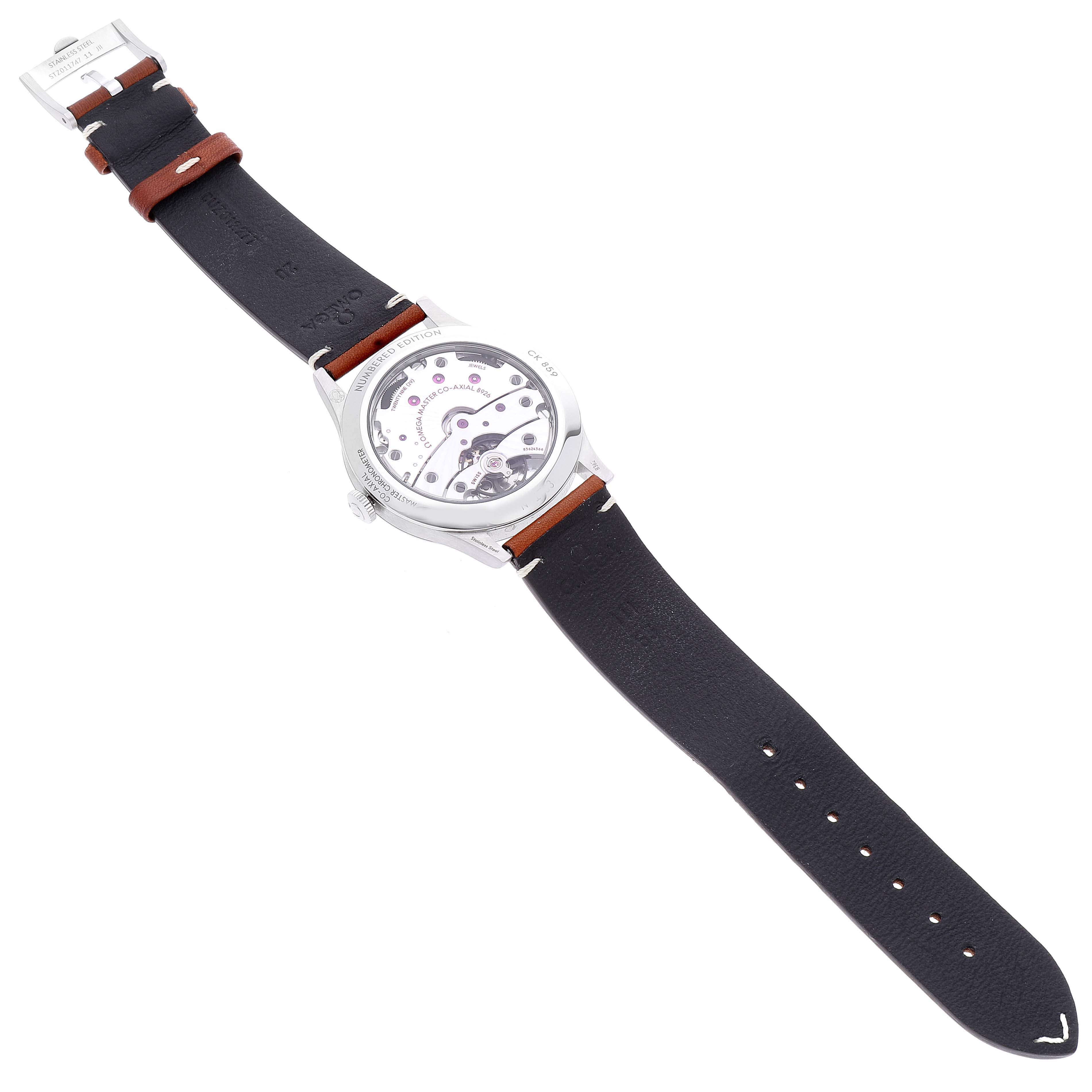 The image shows the back view of a Museum model Omega watch with a visible mechanism and a black leather strap.