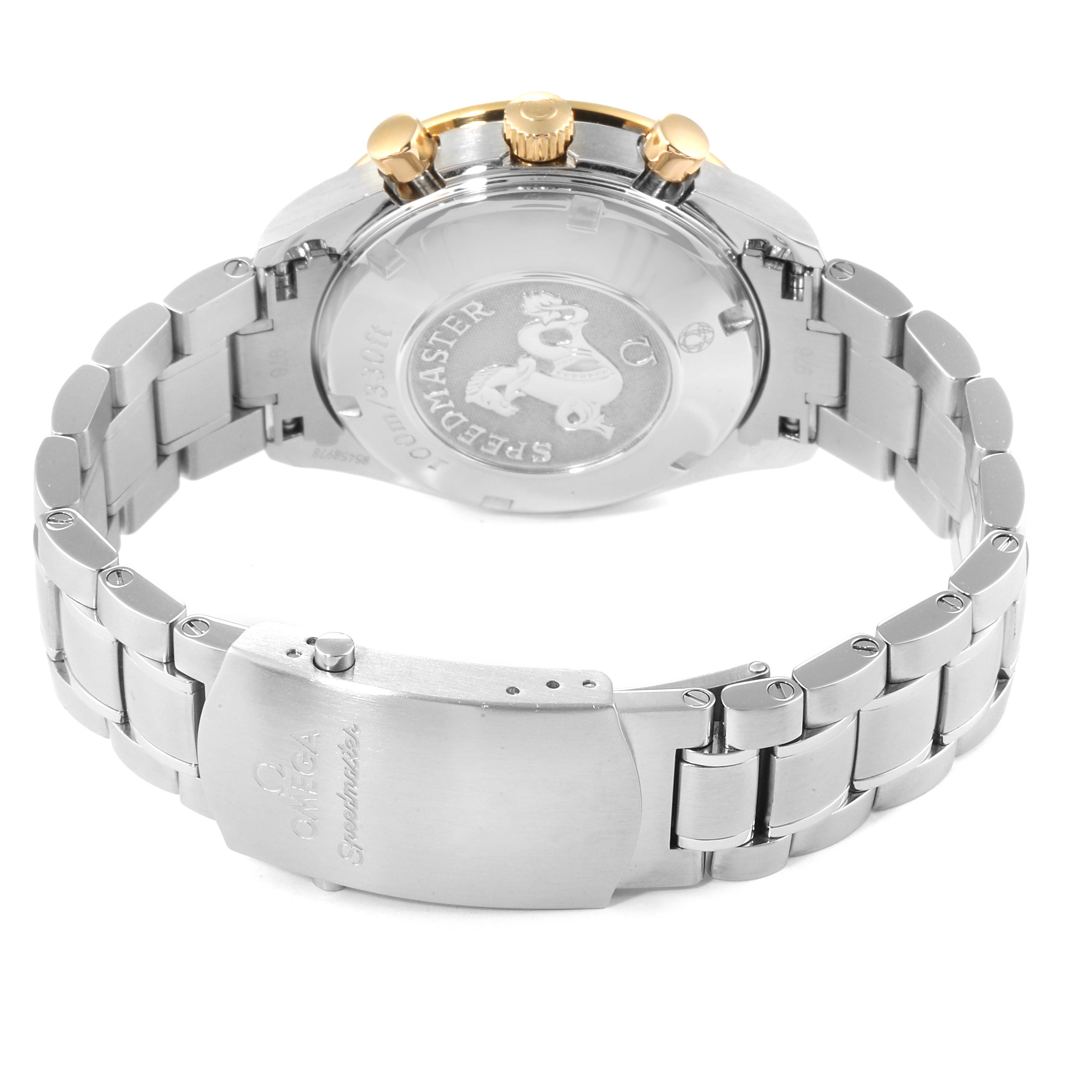 The image shows the back casing and bracelet clasp of an Omega Speedmaster 323.21.40.44.02.001 Men's Steel and Gold (two tone) Silver Dial 323.21.40.44.02.001 Men's Steel and Gold (two tone) Silver Dial watch from a rear angle.