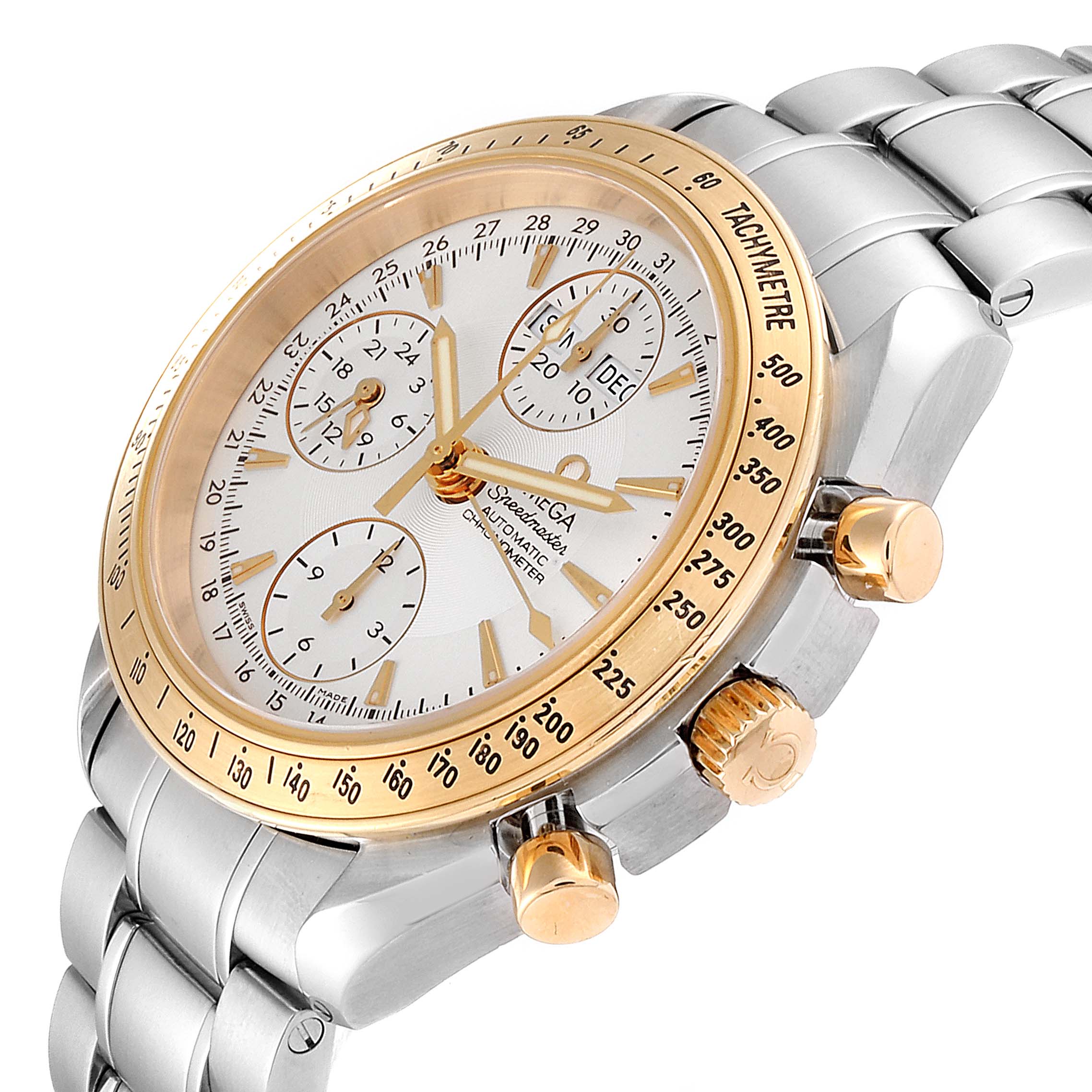 The image shows a close-up angled view of an Omega Speedmaster 323.21.40.44.02.001 Men's Steel and Gold (two tone) Silver Dial 323.21.40.44.02.001 Men's Steel and Gold (two tone) Silver Dial watch, highlighting its tachymeter bezel, dials, crown, and buttons.