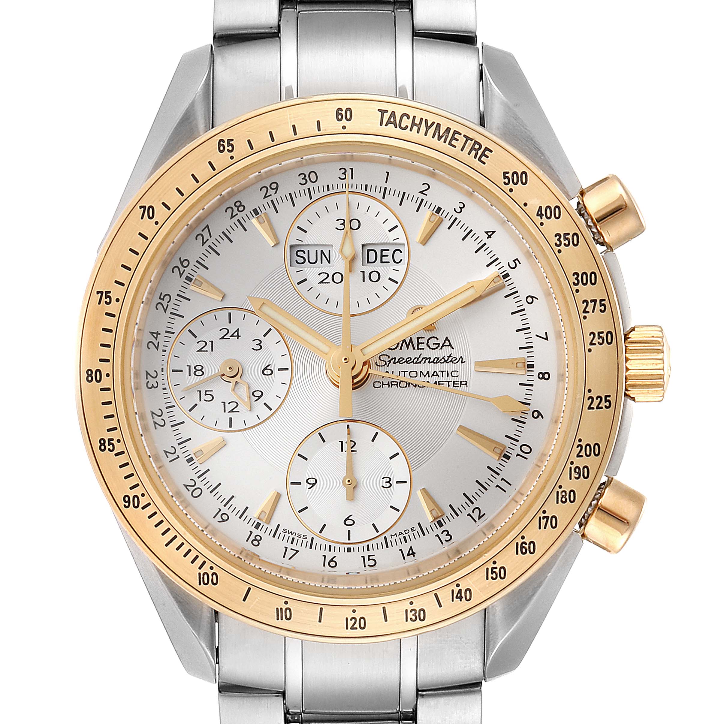 The image shows a front view of the Omega Speedmaster 323.21.40.44.02.001 Men's Steel and Gold (two tone) Silver Dial 323.21.40.44.02.001 Men's Steel and Gold (two tone) Silver Dial watch, highlighting its dial, sub-dials, tachymeter bezel, and bracelet.