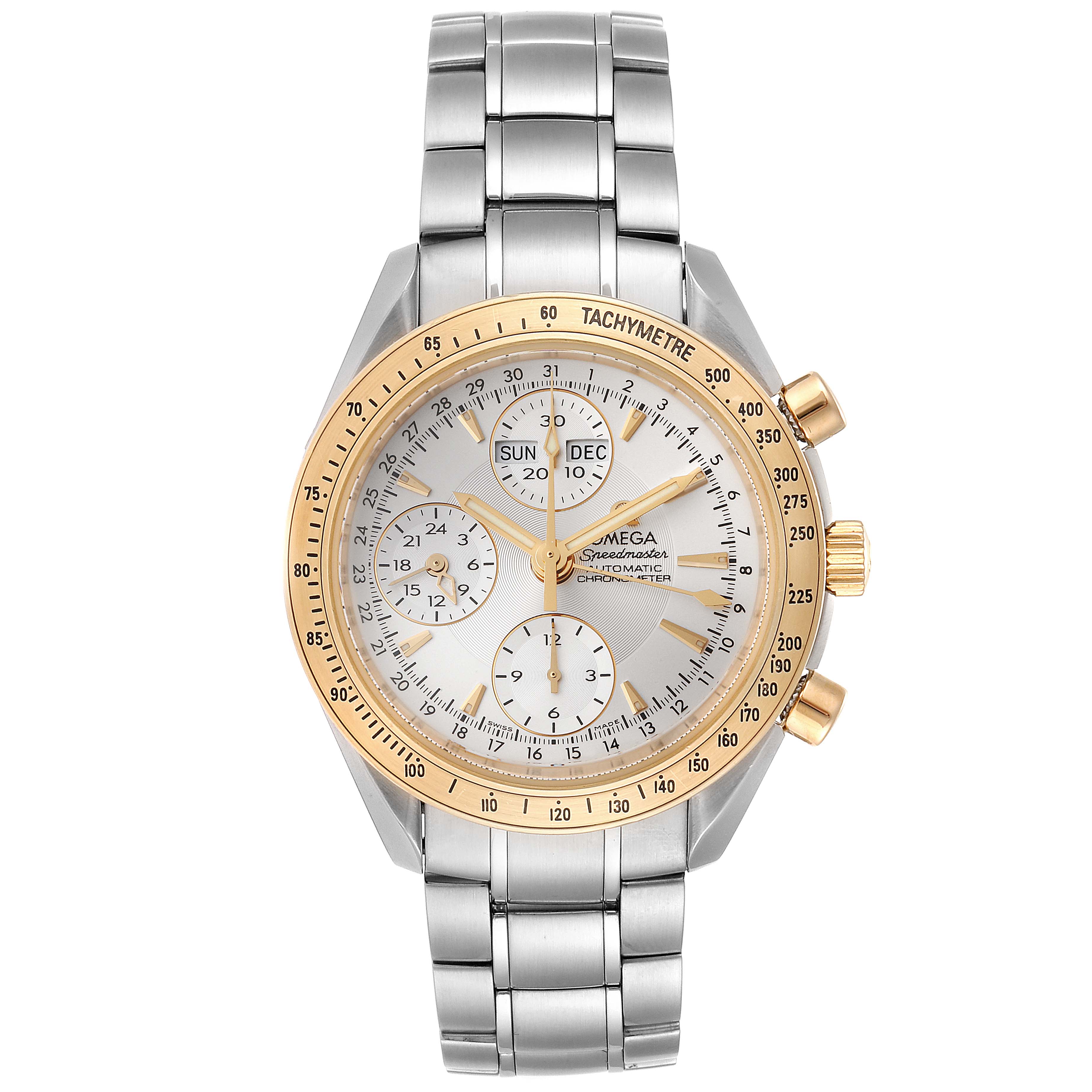 The image shows a frontal view of the Omega Speedmaster 323.21.40.44.02.001 Men's Steel and Gold (two tone) Silver Dial 323.21.40.44.02.001 Men's Steel and Gold (two tone) Silver Dial watch, highlighting its dial, bezels, and bracelet.