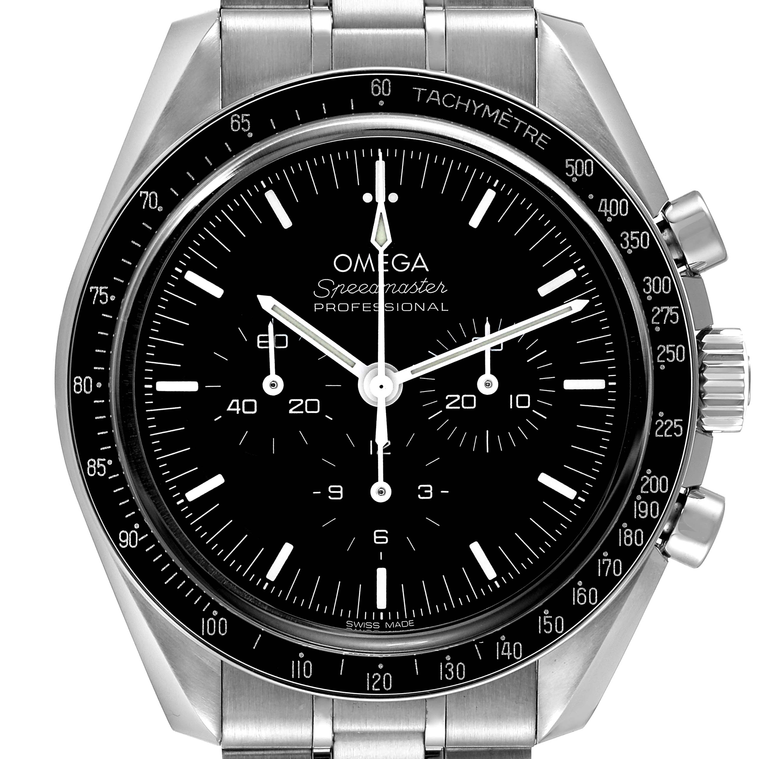 The image shows a front view of the Omega Speedmaster 310.30.42.50.01.002 Men's Stainless Steel Black Dial 310.30.42.50.01.002 Men's Stainless Steel Black Dial watch, highlighting the dial, tachymetre bezel, and chronograph pushers.