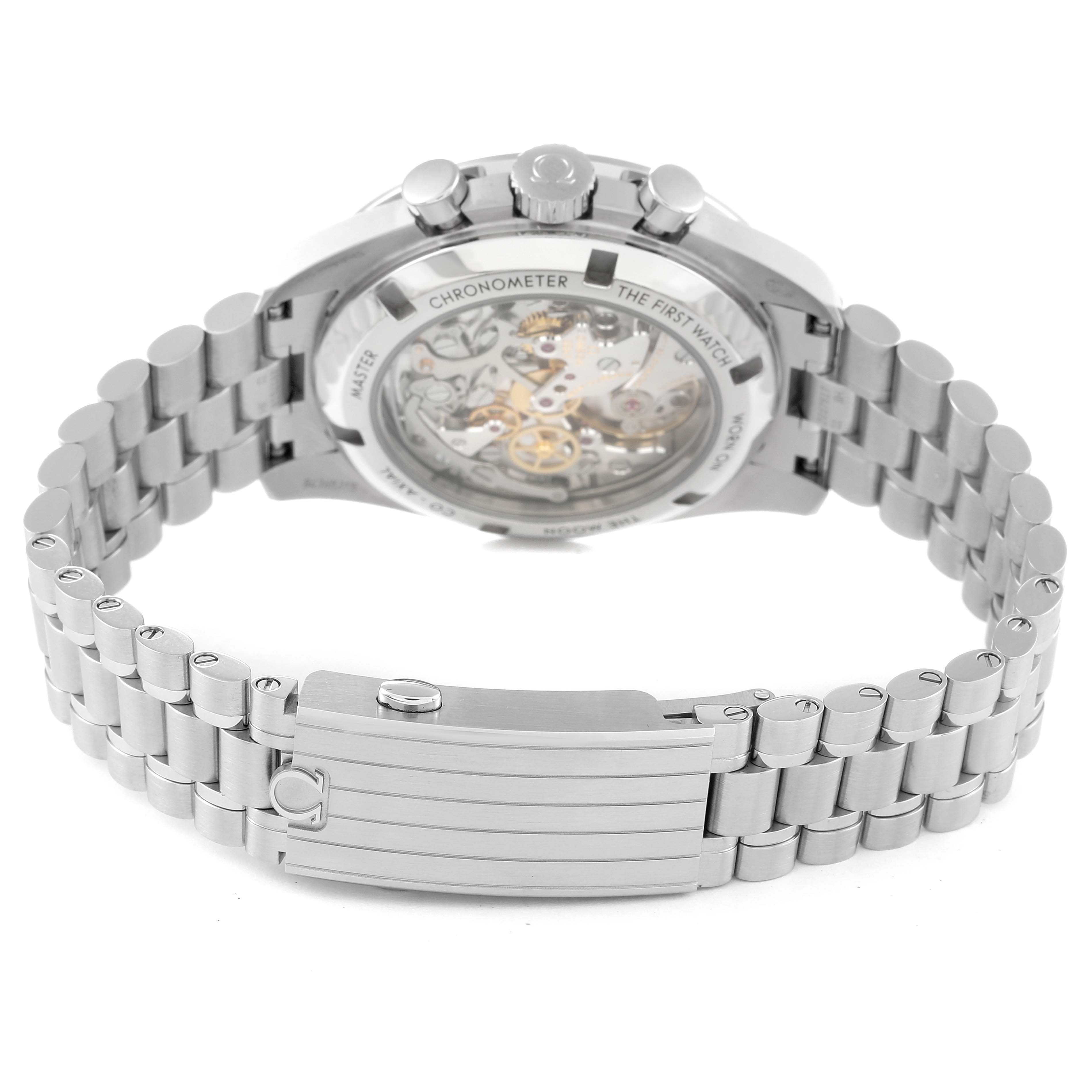 The image shows the back case and stainless steel bracelet of the Omega Speedmaster 310.30.42.50.01.002 Men's Stainless Steel Black Dial 310.30.42.50.01.002 Men's Stainless Steel Black Dial watch at a rear angle.