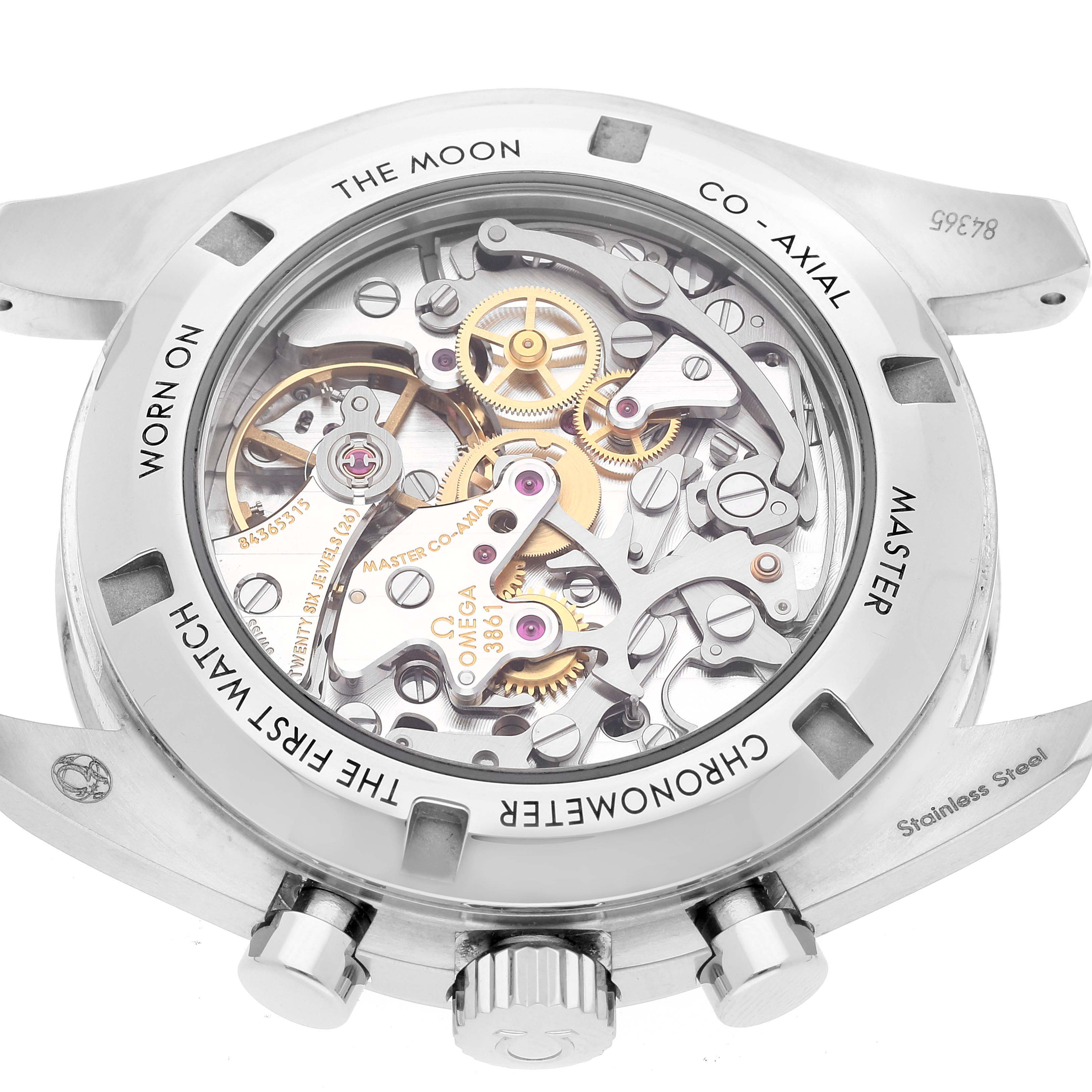 This image shows the back view of an Omega Speedmaster 310.30.42.50.01.002 Men's Stainless Steel Black Dial 310.30.42.50.01.002 Men's Stainless Steel Black Dial watch, highlighting its inner mechanical movements and stainless steel case.