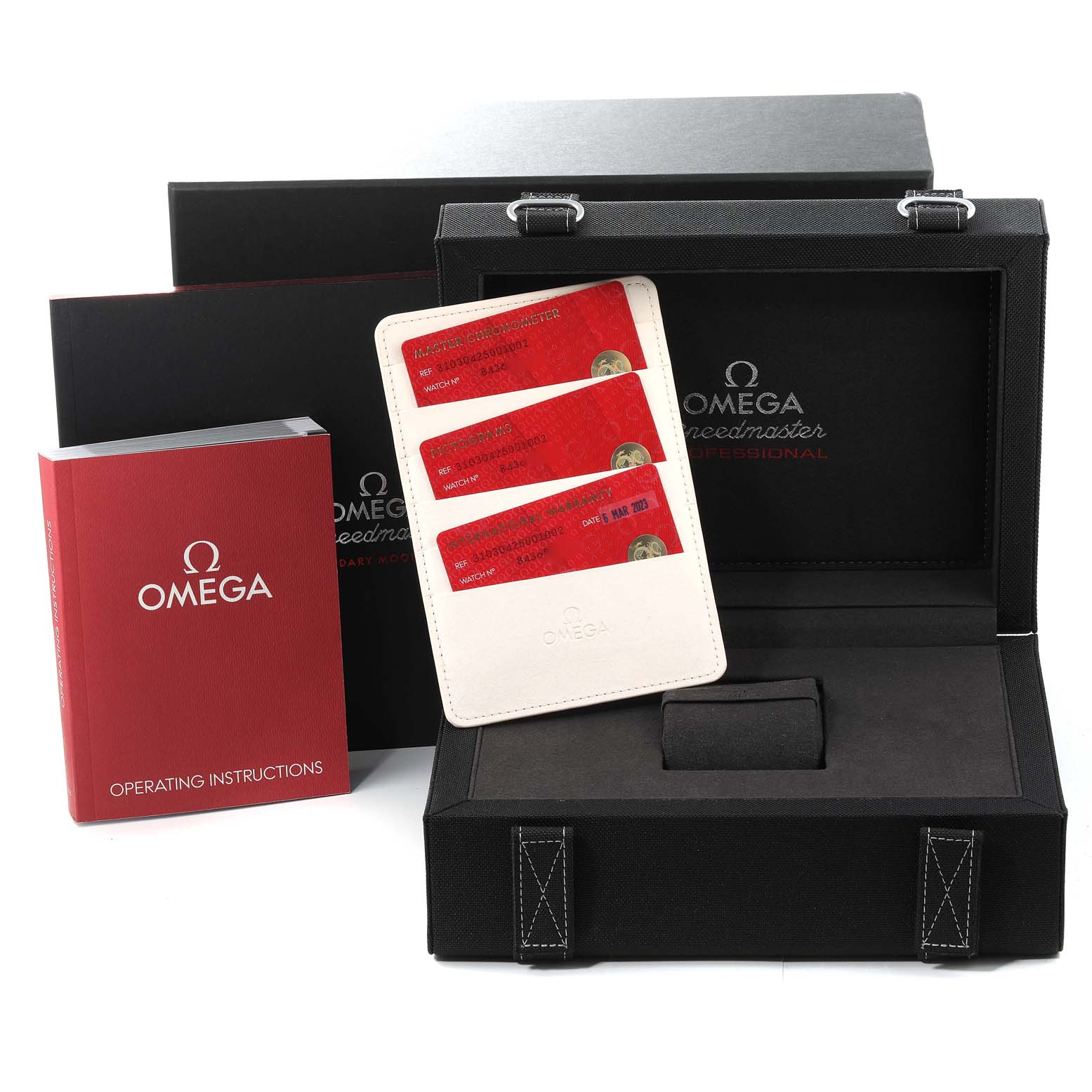 The image shows the packaging for an Omega Speedmaster 310.30.42.50.01.002 Men's Stainless Steel Black Dial 310.30.42.50.01.002 Men's Stainless Steel Black Dial watch, including a box, instruction manual, and warranty cards.