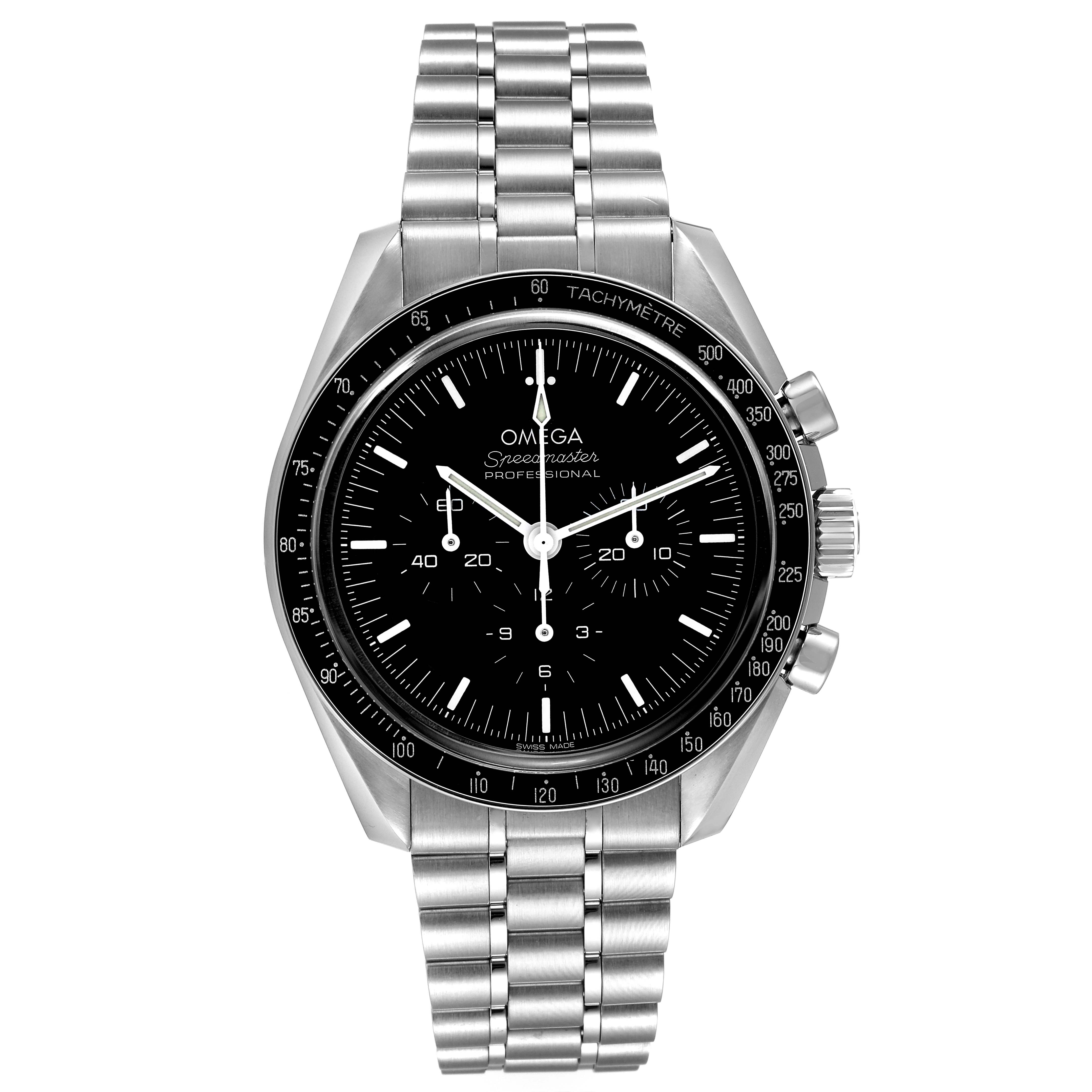 The image shows a front view of an Omega Speedmaster 310.30.42.50.01.002 Men's Stainless Steel Black Dial 310.30.42.50.01.002 Men's Stainless Steel Black Dial watch, displaying the face and stainless steel bracelet.