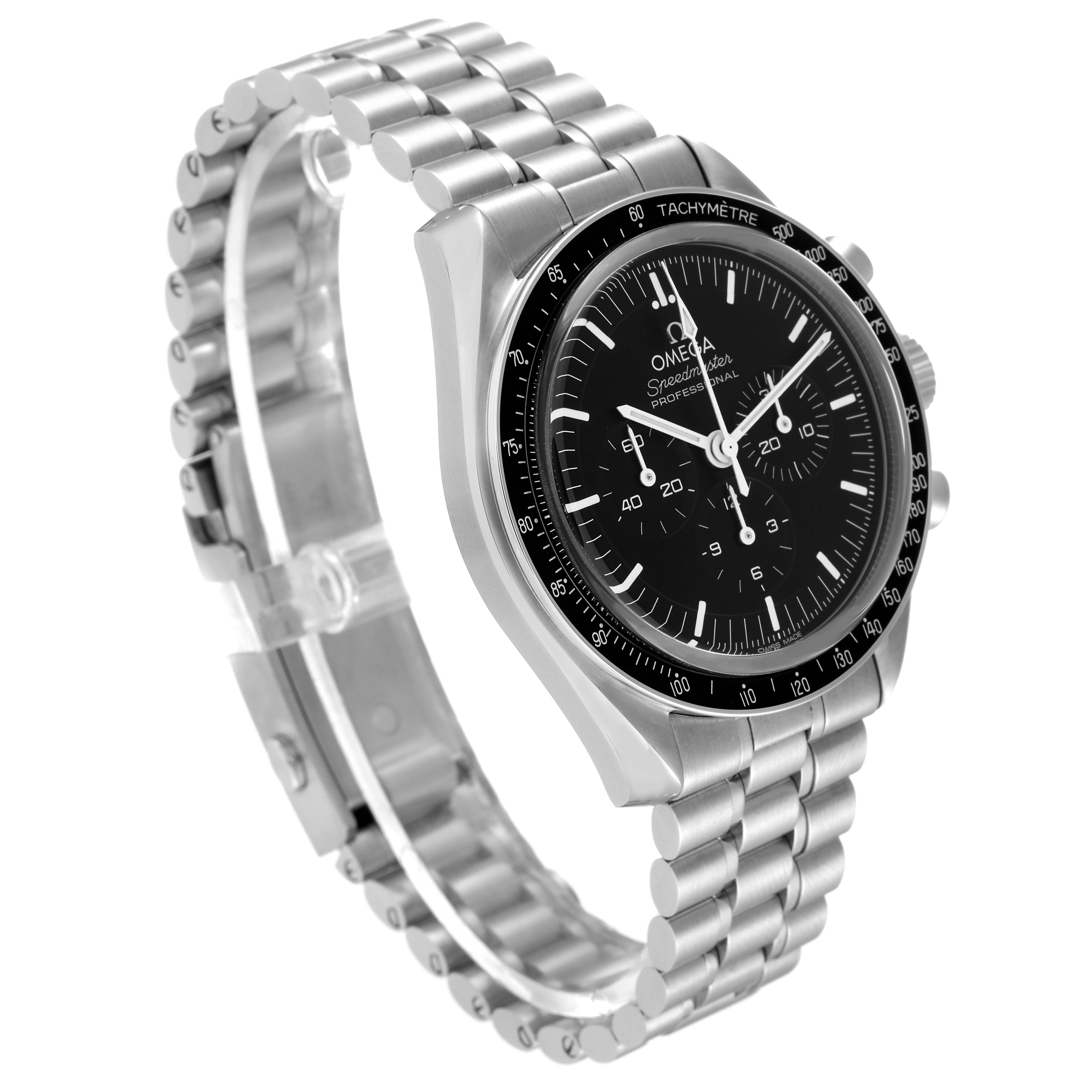 The Omega Speedmaster 310.30.42.50.01.002 Men's Stainless Steel Black Dial 310.30.42.50.01.002 Men's Stainless Steel Black Dial watch is shown at a slight angle, highlighting its stainless steel case, bezel, and bracelet.