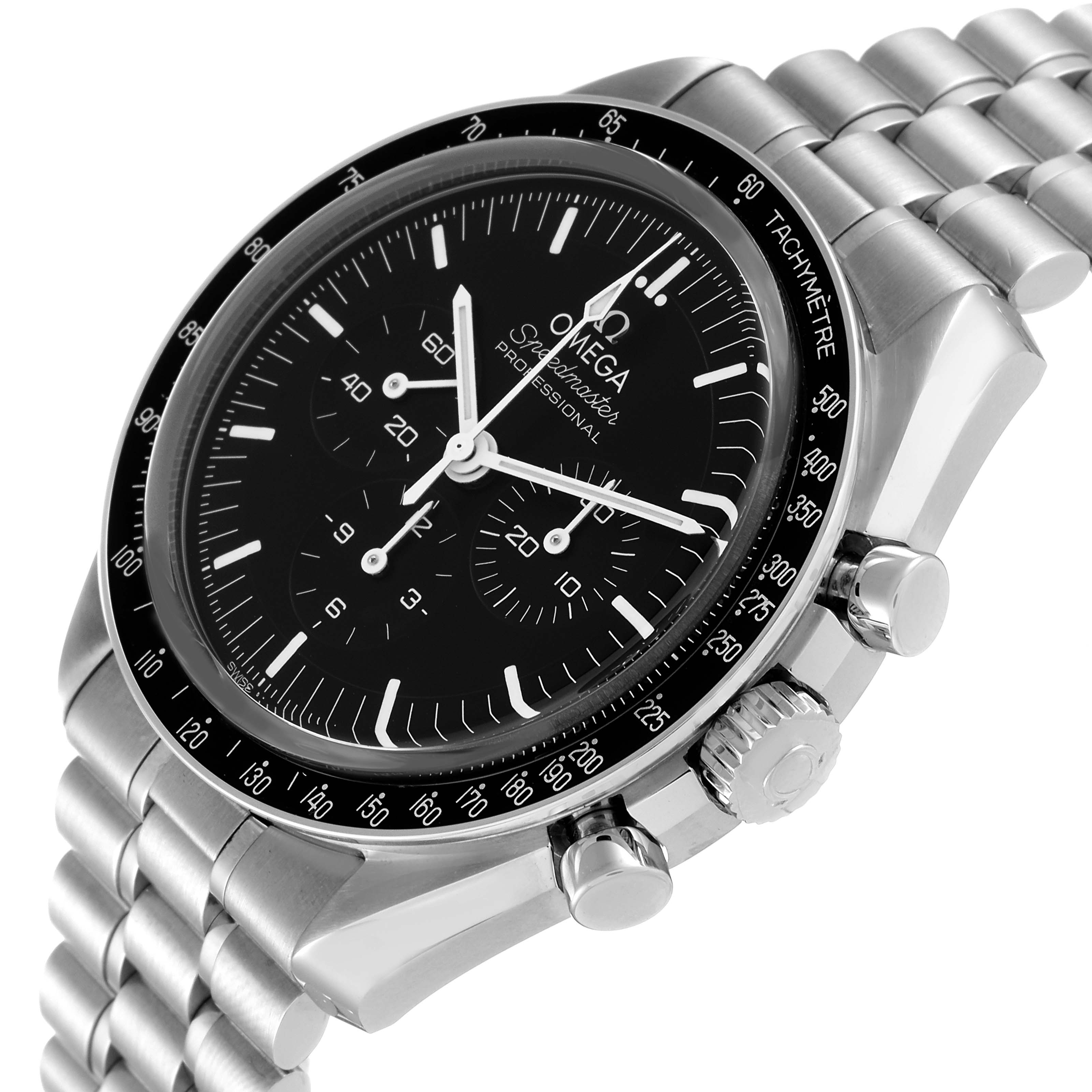 The image shows an Omega Speedmaster 310.30.42.50.01.002 Men's Stainless Steel Black Dial 310.30.42.50.01.002 Men's Stainless Steel Black Dial watch at an angled side view, highlighting the black dial, tachymeter bezel, and stainless steel bracelet.