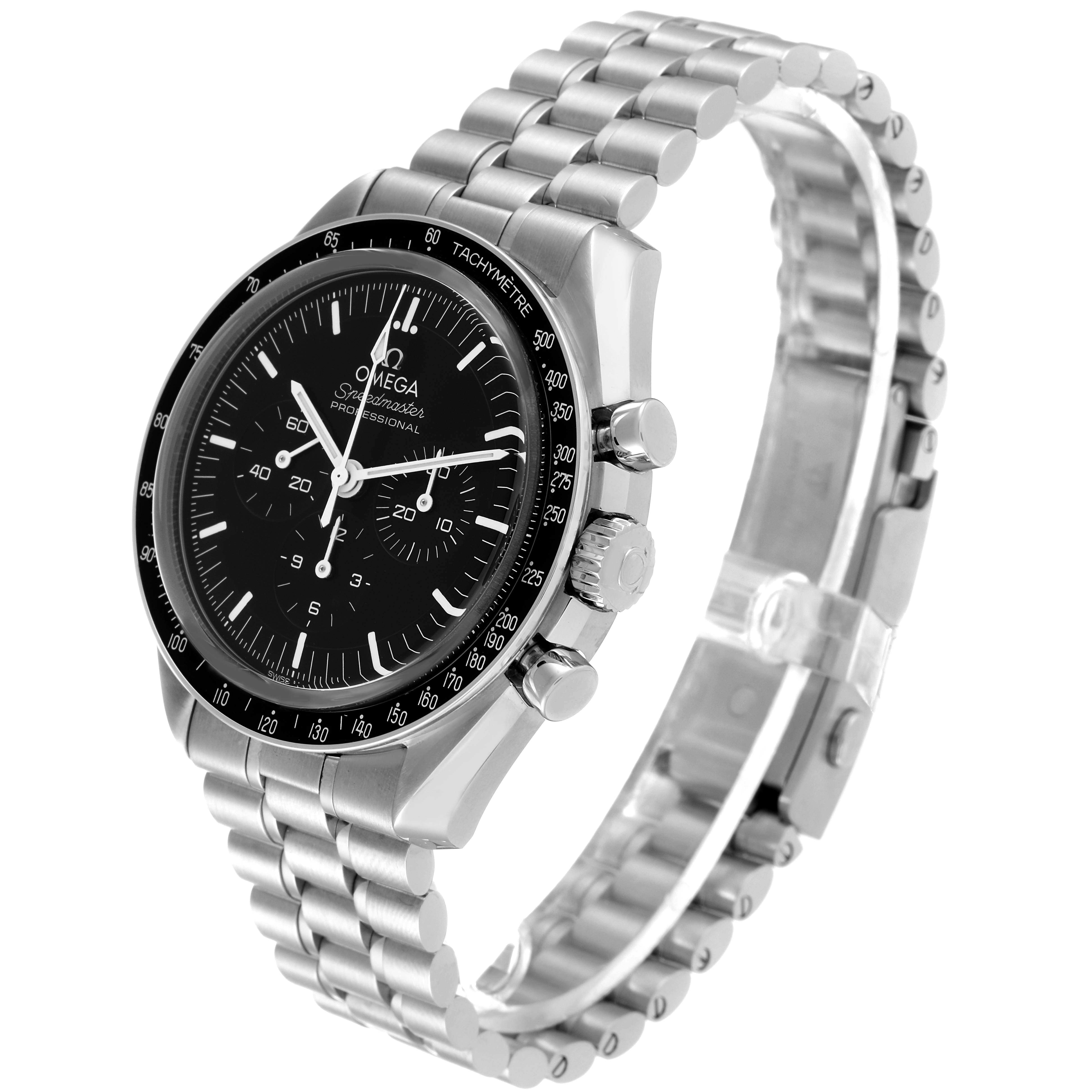 The image shows an Omega Speedmaster 310.30.42.50.01.002 Men's Stainless Steel Black Dial 310.30.42.50.01.002 Men's Stainless Steel Black Dial watch at an angle highlighting the dial, tachymeter bezel, case, and stainless steel bracelet.
