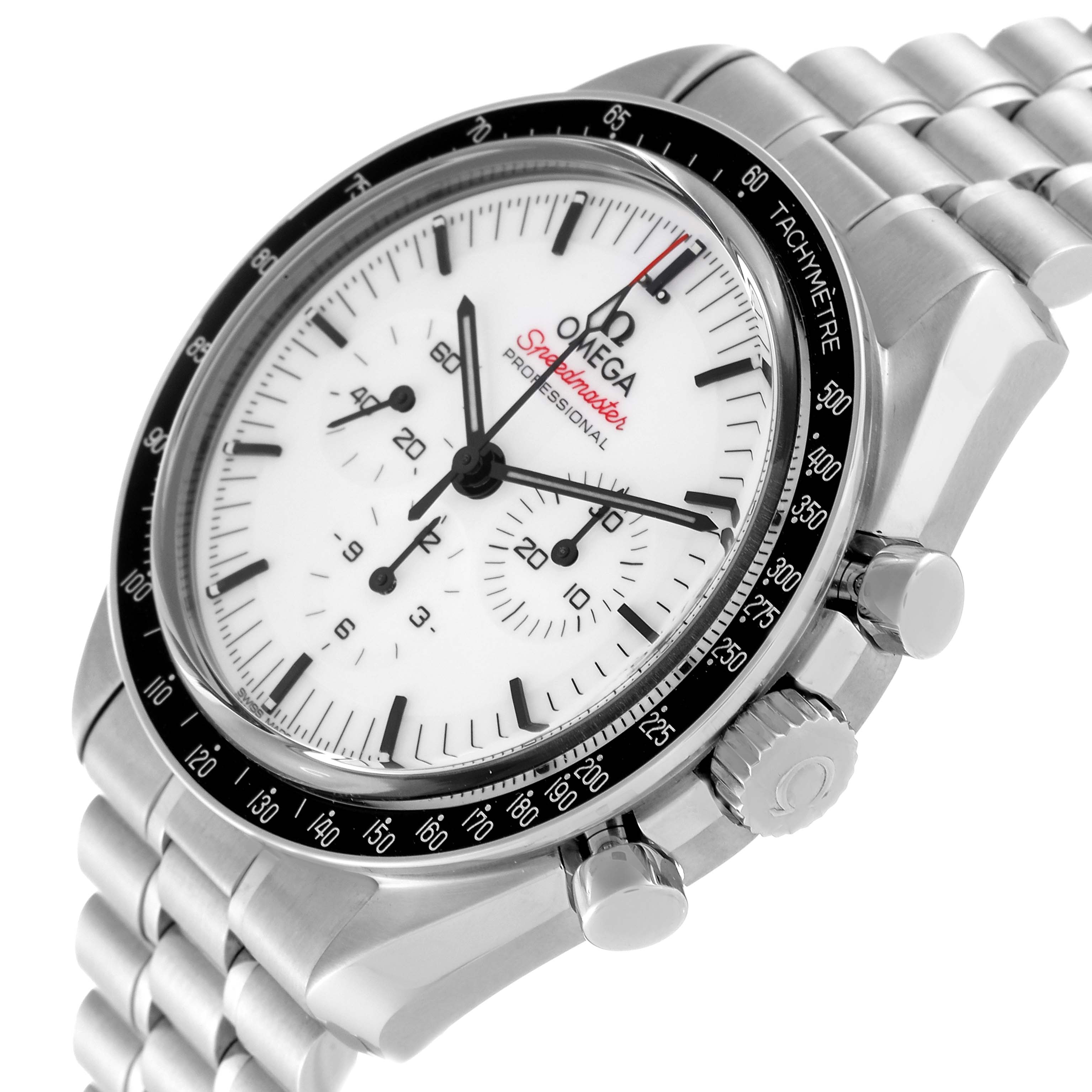 The Omega Speedmaster 310.30.42.50.04.001 Men
s Stainless Steel White Dial 310.30.42.50.04.001 Men
s Stainless Steel White Dial watch is shown at an angled side view, displaying the crown, pushers, bezel, and part of the bracelet.