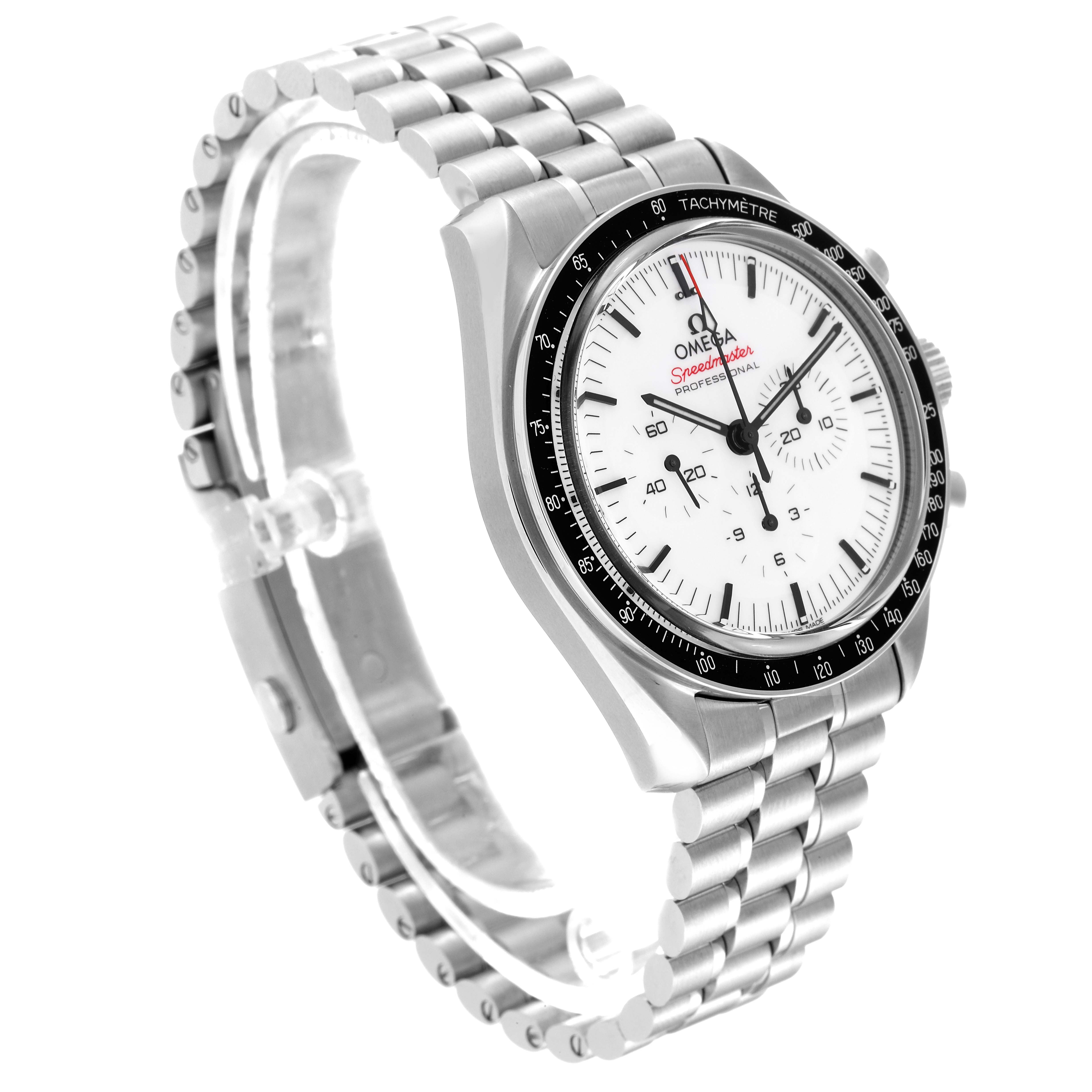 The image shows an Omega Speedmaster 310.30.42.50.04.001 Men
s Stainless Steel White Dial 310.30.42.50.04.001 Men
s Stainless Steel White Dial watch from an angled perspective displaying the face, bezel, and bracelet.