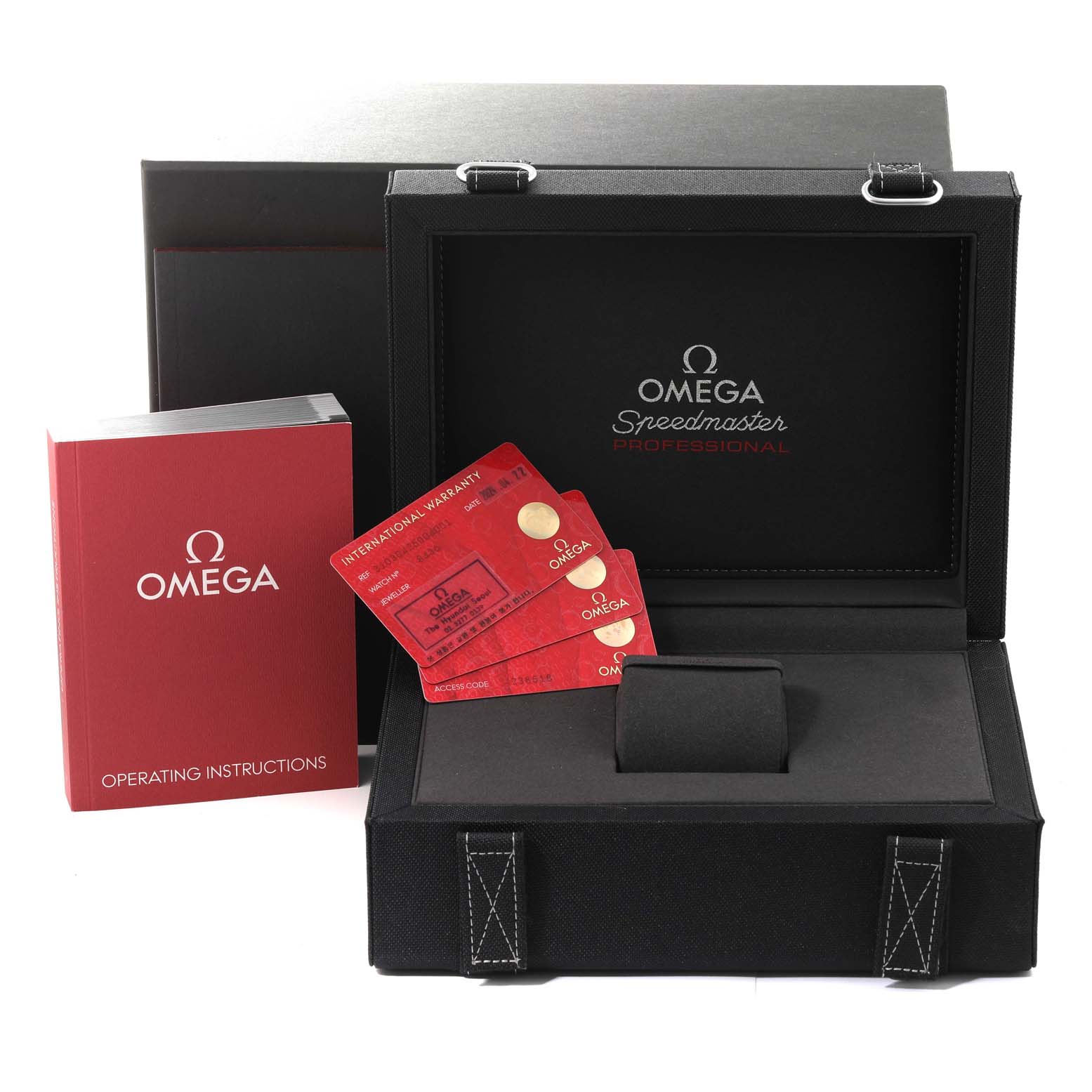 The image shows the packaging box, operating instructions, and warranty cards for an Omega Speedmaster 310.30.42.50.04.001 Men
s Stainless Steel White Dial 310.30.42.50.04.001 Men
s Stainless Steel White Dial watch, viewed from the top.