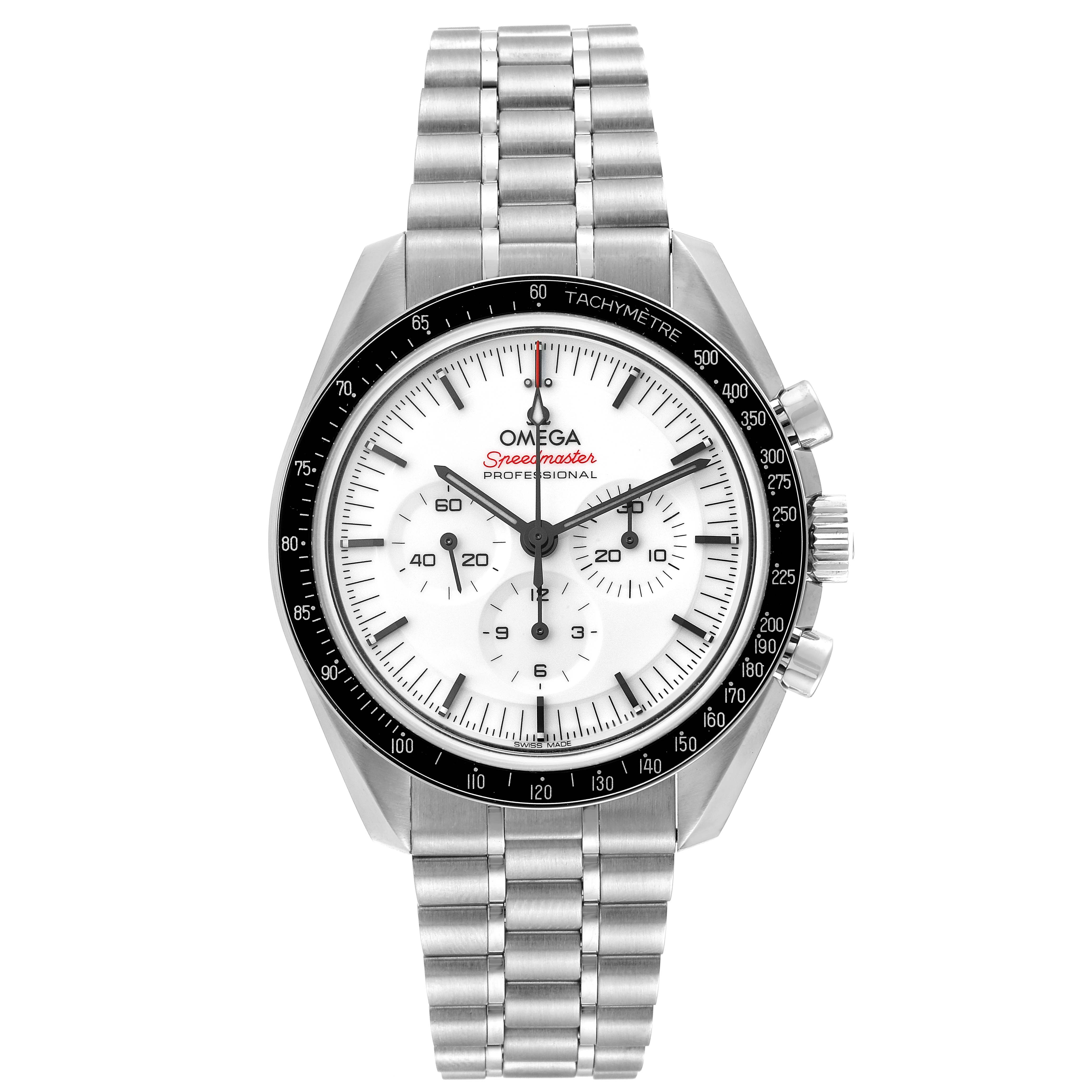 The image shows the front view of an Omega Speedmaster 310.30.42.50.04.001 Men
s Stainless Steel White Dial 310.30.42.50.04.001 Men
s Stainless Steel White Dial watch, highlighting its white dial, black tachymeter bezel, and metal bracelet.