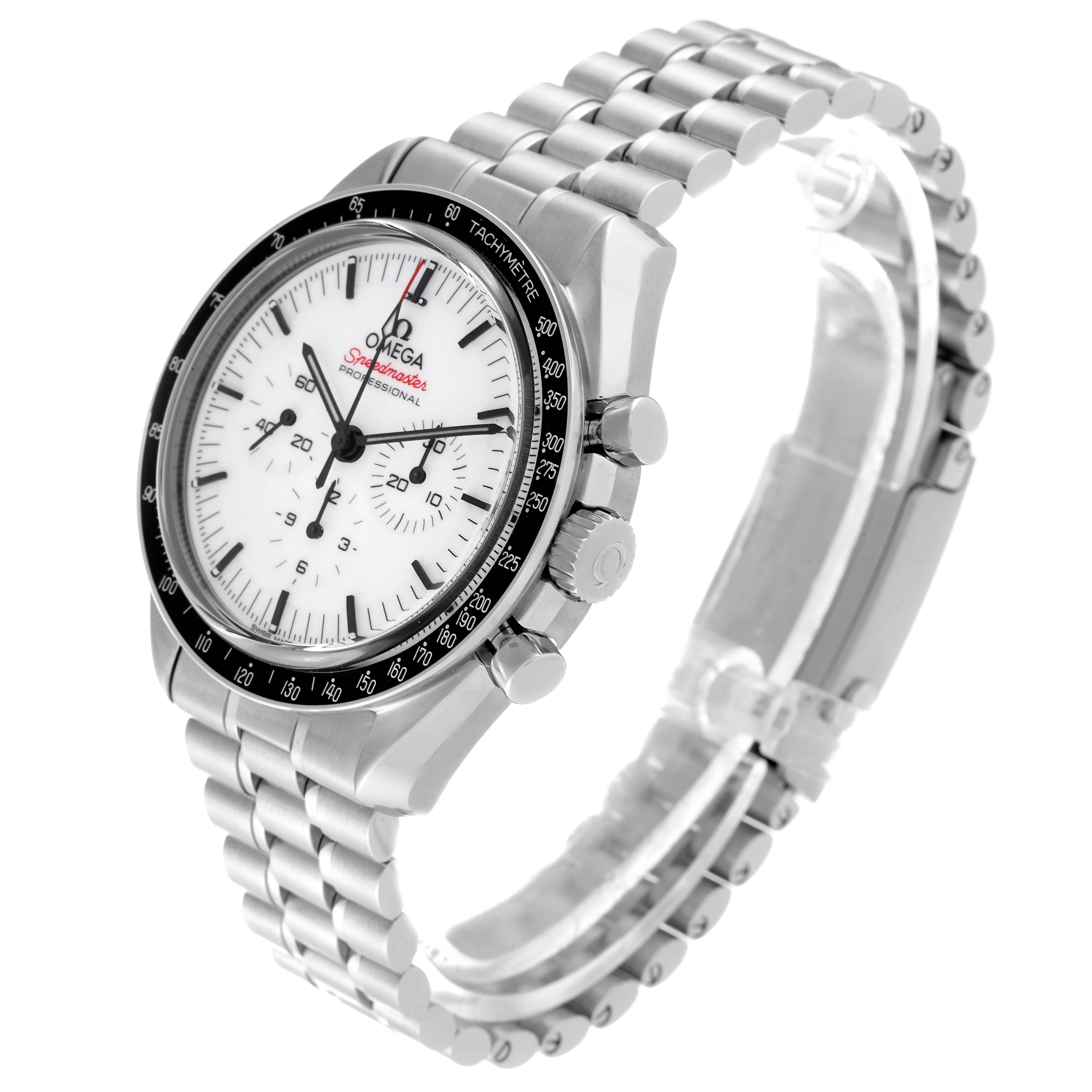 The Omega Speedmaster 310.30.42.50.04.001 Men
s Stainless Steel White Dial 310.30.42.50.04.001 Men
s Stainless Steel White Dial watch is shown at a three-quarter angle, highlighting the dial, bezel, crown, pushers, and bracelet.
