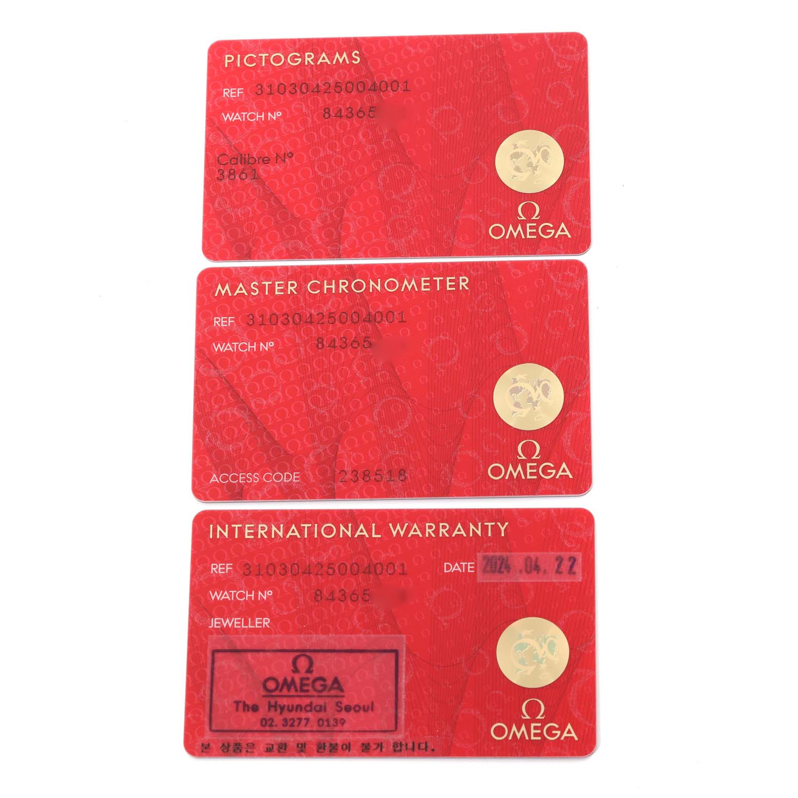 The image shows three Omega Speedmaster 310.30.42.50.04.001 Men
s Stainless Steel White Dial 310.30.42.50.04.001 Men
s Stainless Steel White Dial model cards: Pictograms, Master Chronometer, and International Warranty.