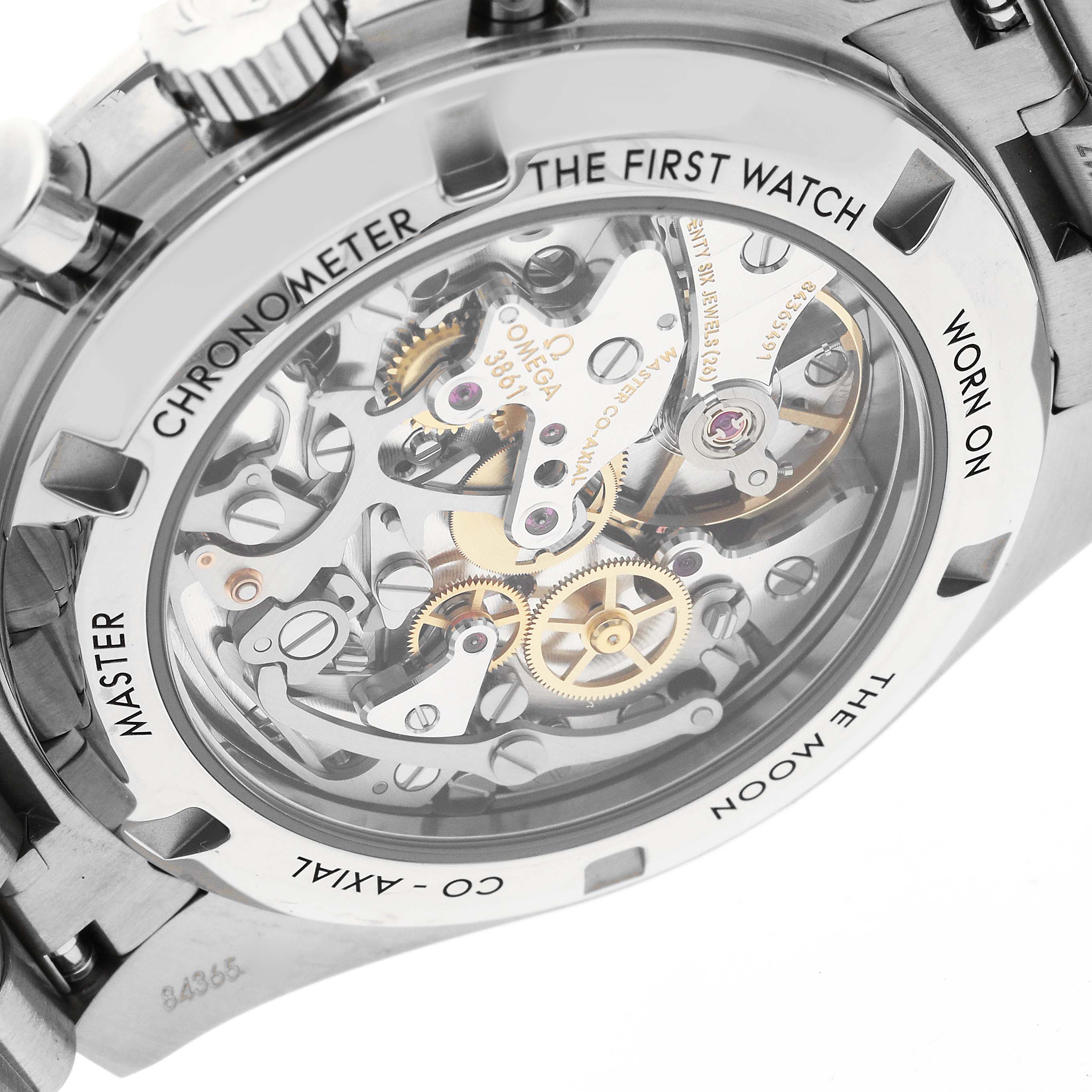 This image shows the back view of the Omega Speedmaster 310.30.42.50.04.001 Men
s Stainless Steel White Dial 310.30.42.50.04.001 Men
s Stainless Steel White Dial watch, showcasing its intricate mechanical movement.