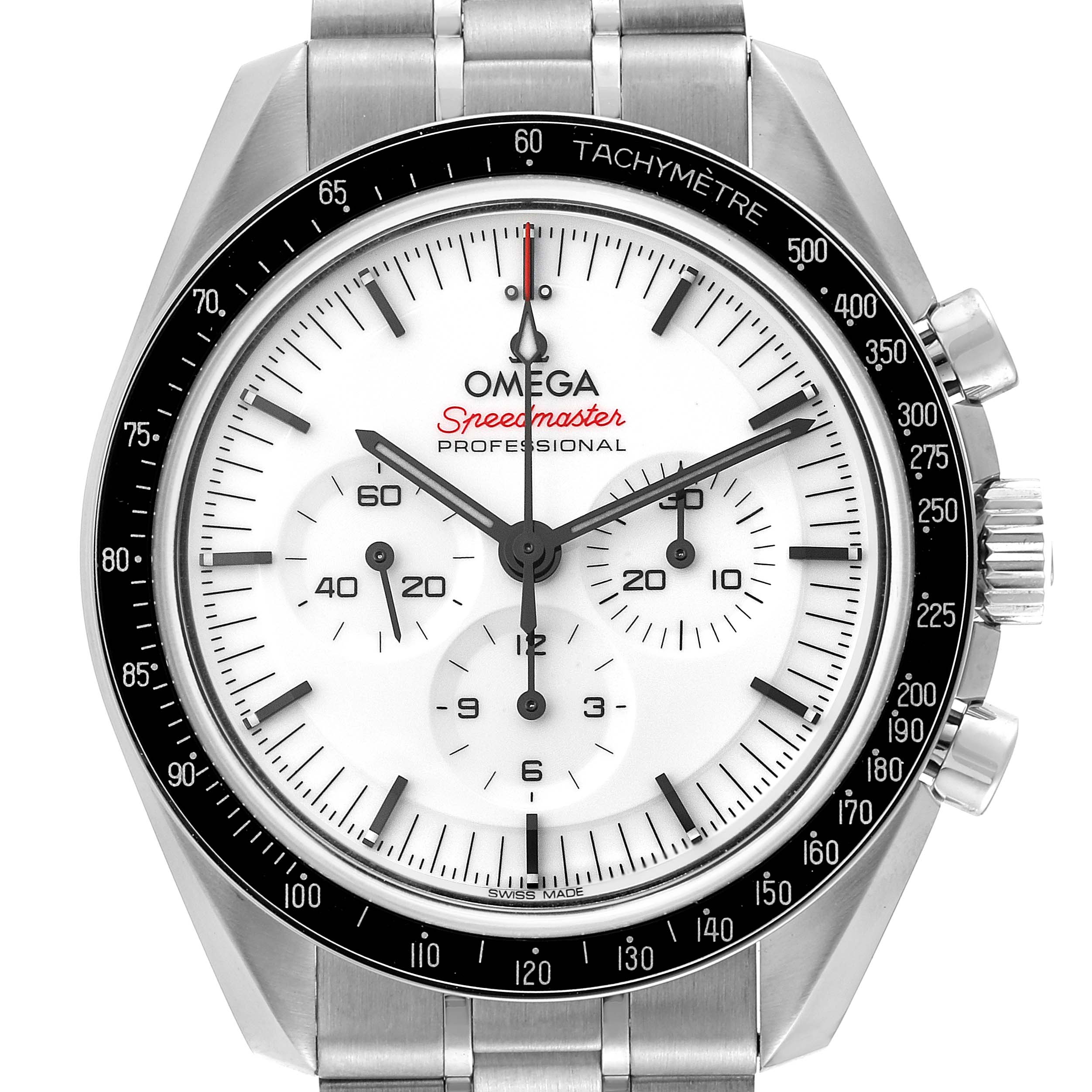 This is a front view of the Omega Speedmaster 310.30.42.50.04.001 Men
s Stainless Steel White Dial 310.30.42.50.04.001 Men
s Stainless Steel White Dial, showing the dial, tachymeter, and part of the bracelet.