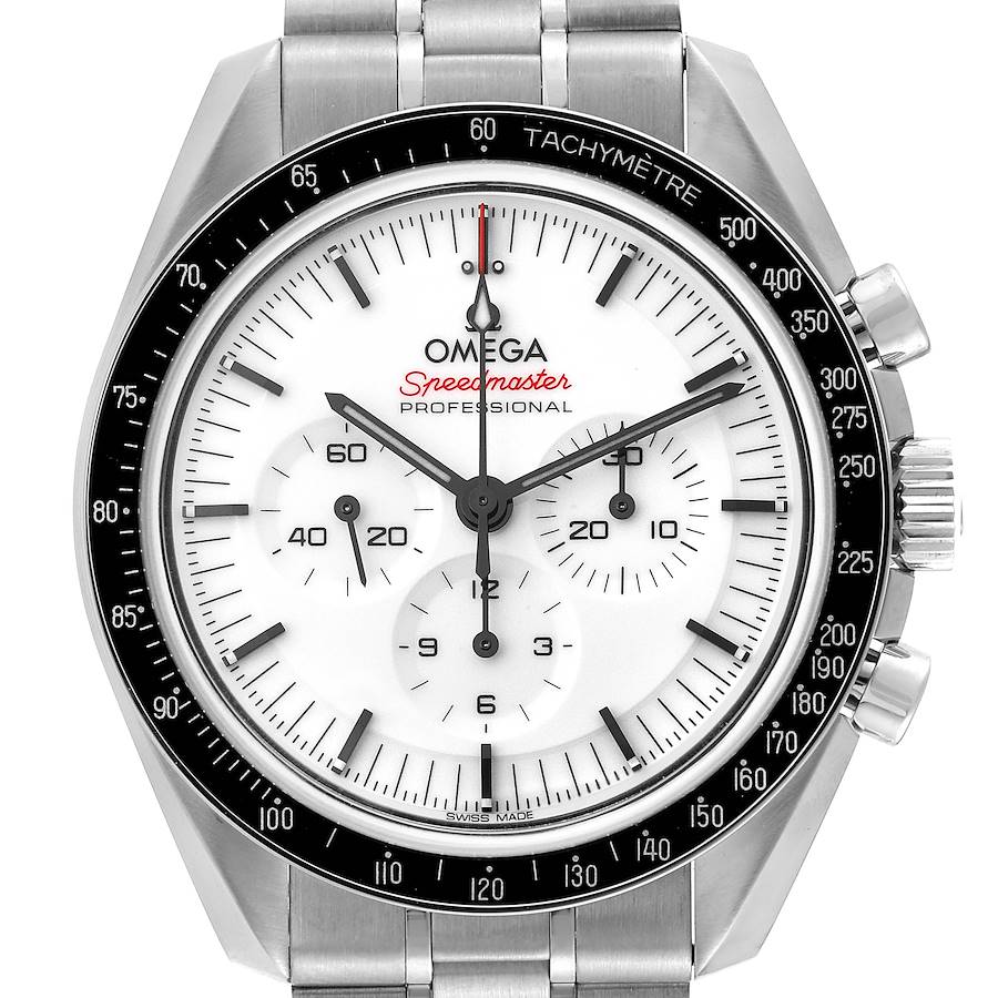 This is a front view of the Omega Speedmaster, showing the dial, tachymeter, and part of the bracelet.