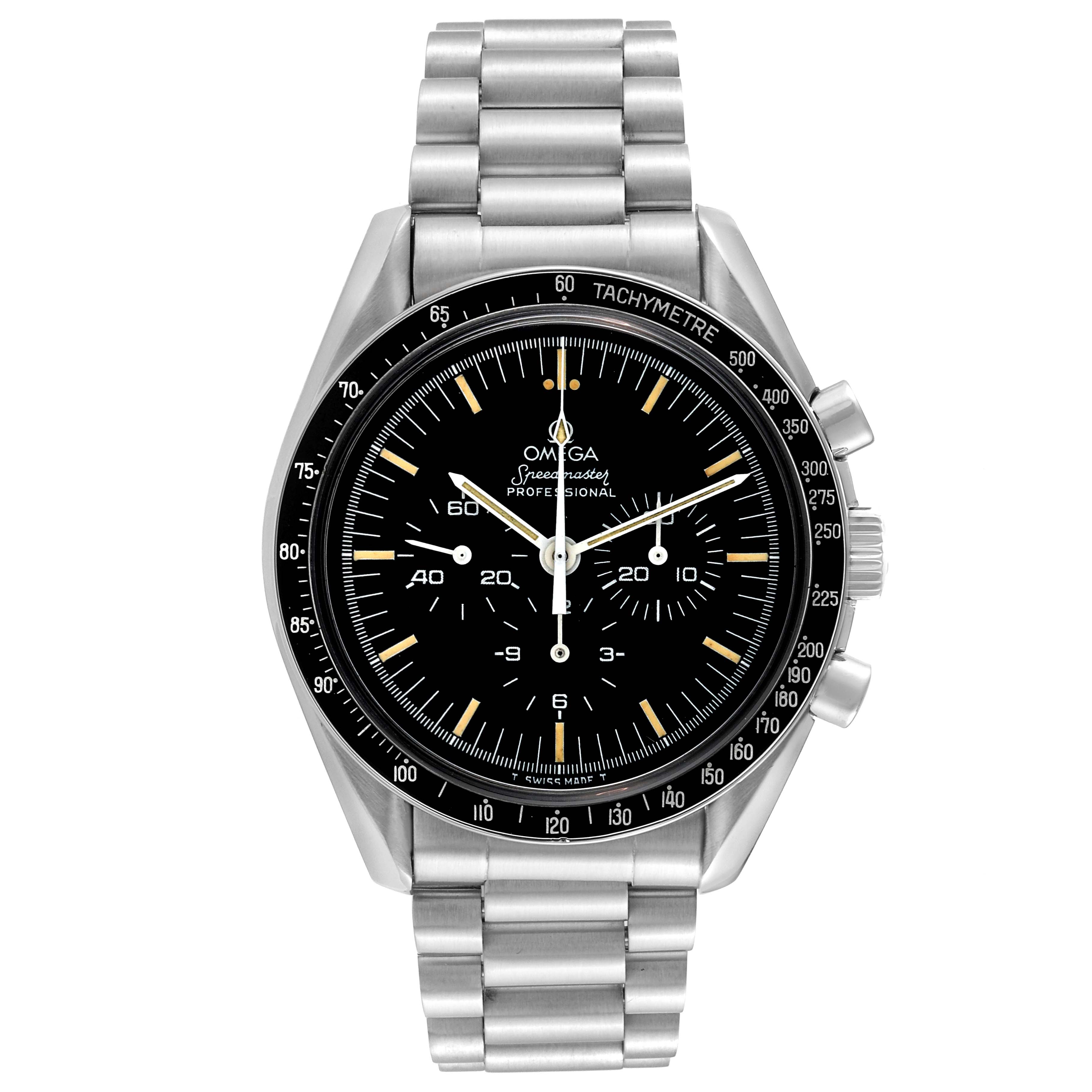 The image shows a frontal view of the Omega Speedmaster 145.0022.101 Men
s Stainless Steel Black Dial 145.0022.101 Men
s Stainless Steel Black Dial watch, displaying its face, bezel, and stainless steel bracelet.