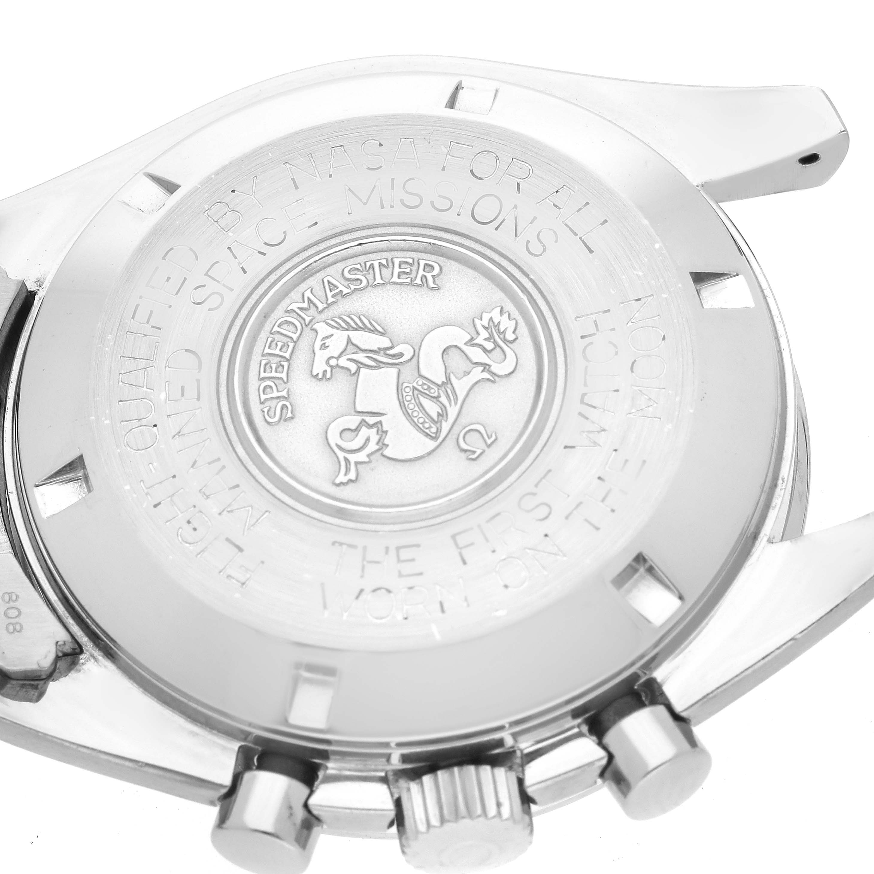 The image shows the case back of an Omega Speedmaster 145.0022.101 Men
s Stainless Steel Black Dial 145.0022.101 Men
s Stainless Steel Black Dial watch with its emblem and engravings.