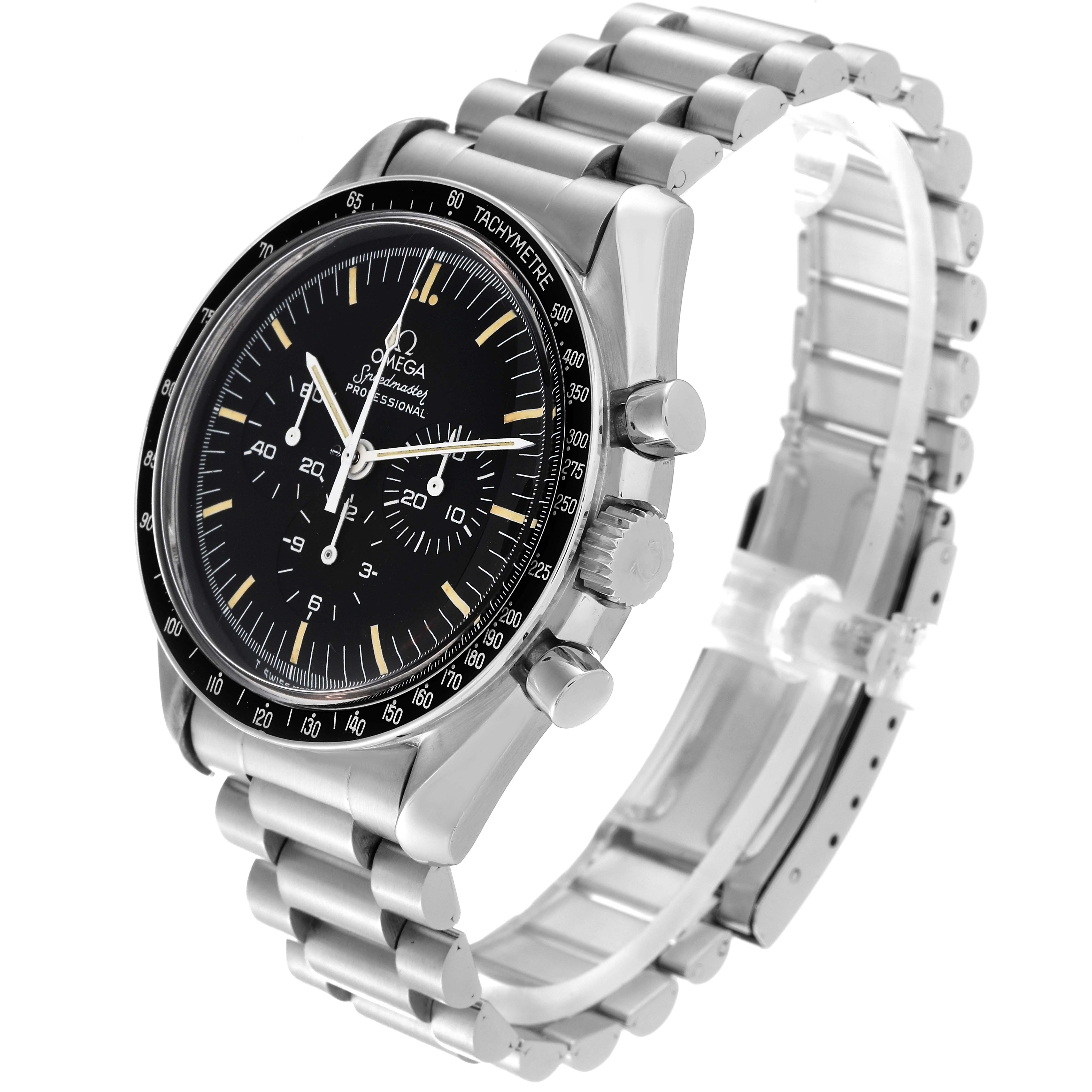 The image shows an Omega Speedmaster 145.0022.101 Men
s Stainless Steel Black Dial 145.0022.101 Men
s Stainless Steel Black Dial watch angled slightly from the top right, highlighting the dial, bezel, and bracelet.